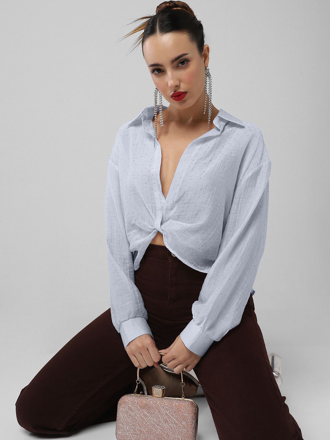 

SHOWOFF Women Studded Cuffed Sleeves Shirt Style Crop Top, Blue