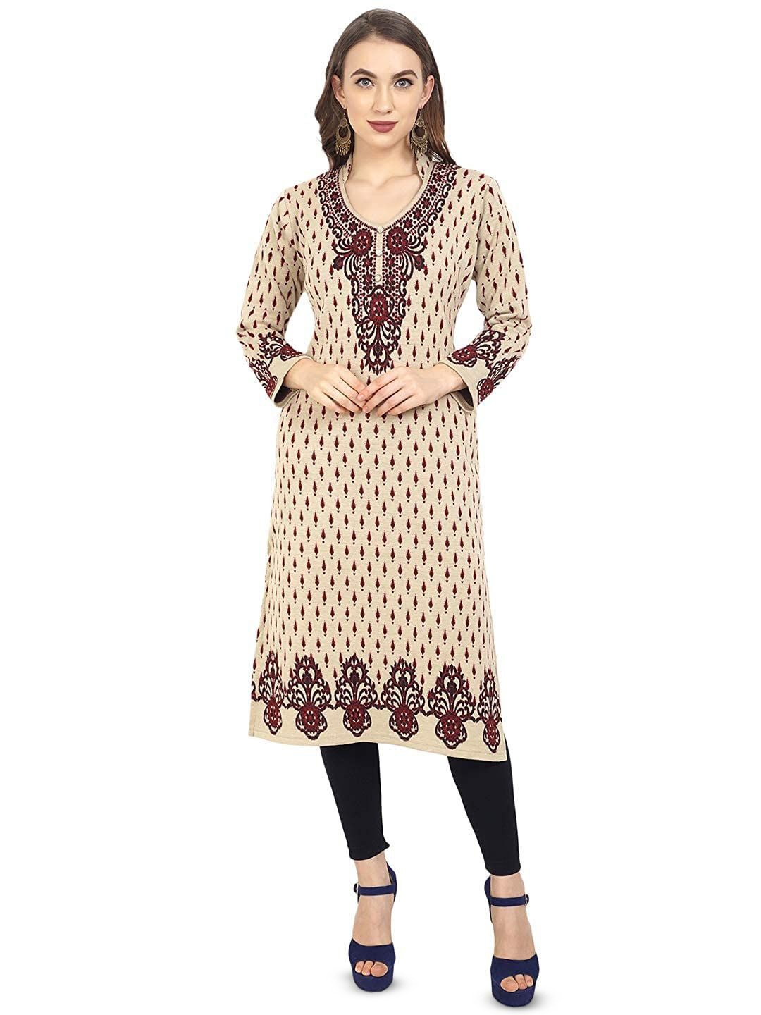 

ROSARY Winter Women Woven Design Woolen Kurta With Pockets, Beige