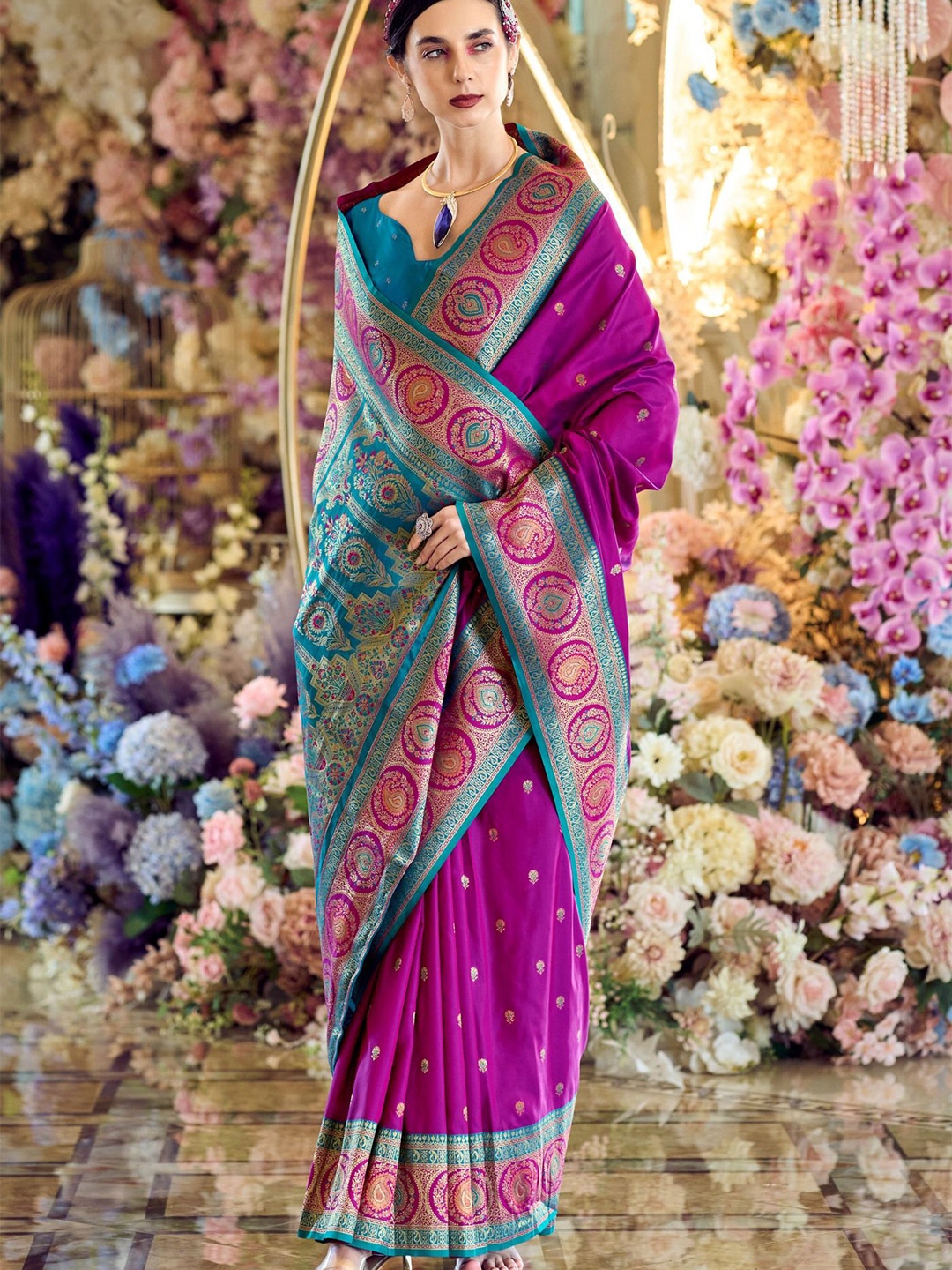 

MySilkLove Woven Design Zari Silk Blend Banarasi Saree, Purple