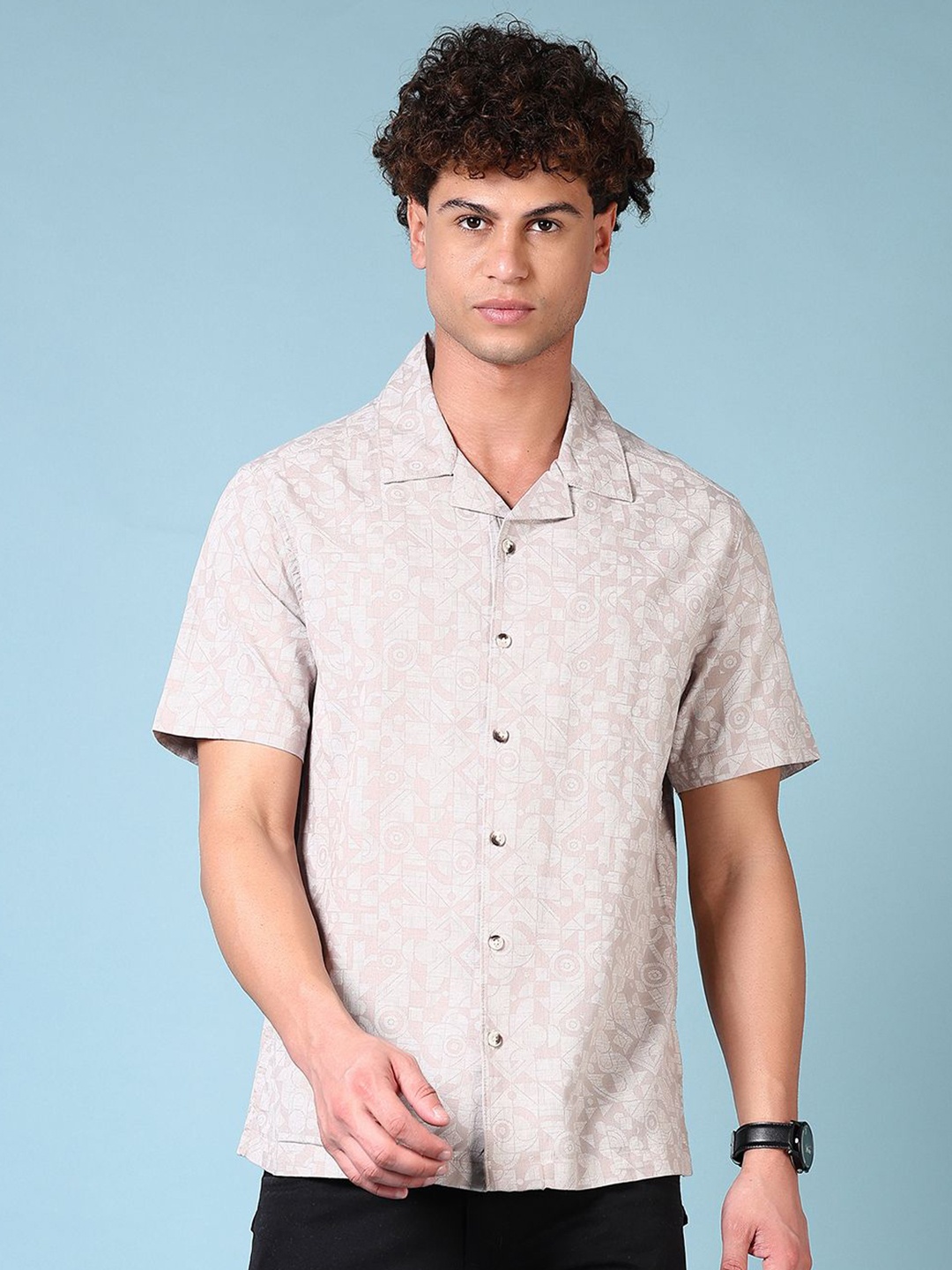 

V-Mart Men Cuban Collar Geometric Printed Cotton Casual Shirt, Cream