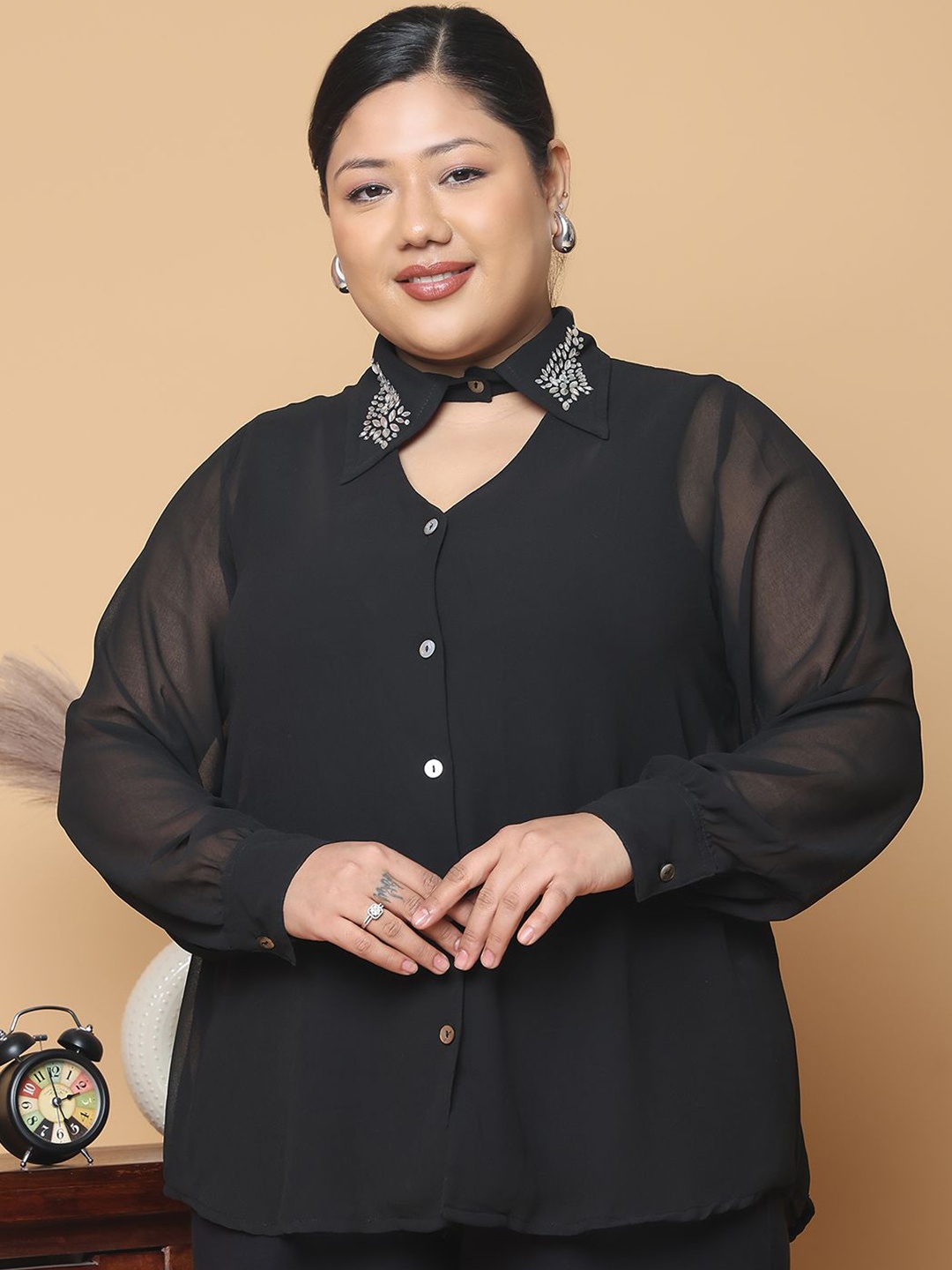 

theRebelinme Women Plus Size Relaxed Fit Spread Collar Solid Party Shirt, Black