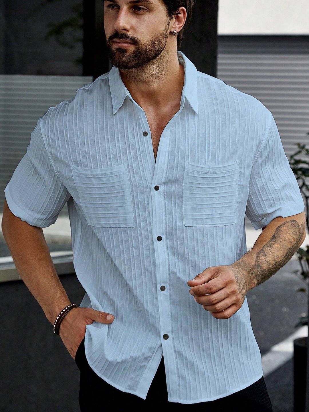 

MARMIC FAB Men Comfort Spread Collar Textured Casual Shirt, Blue
