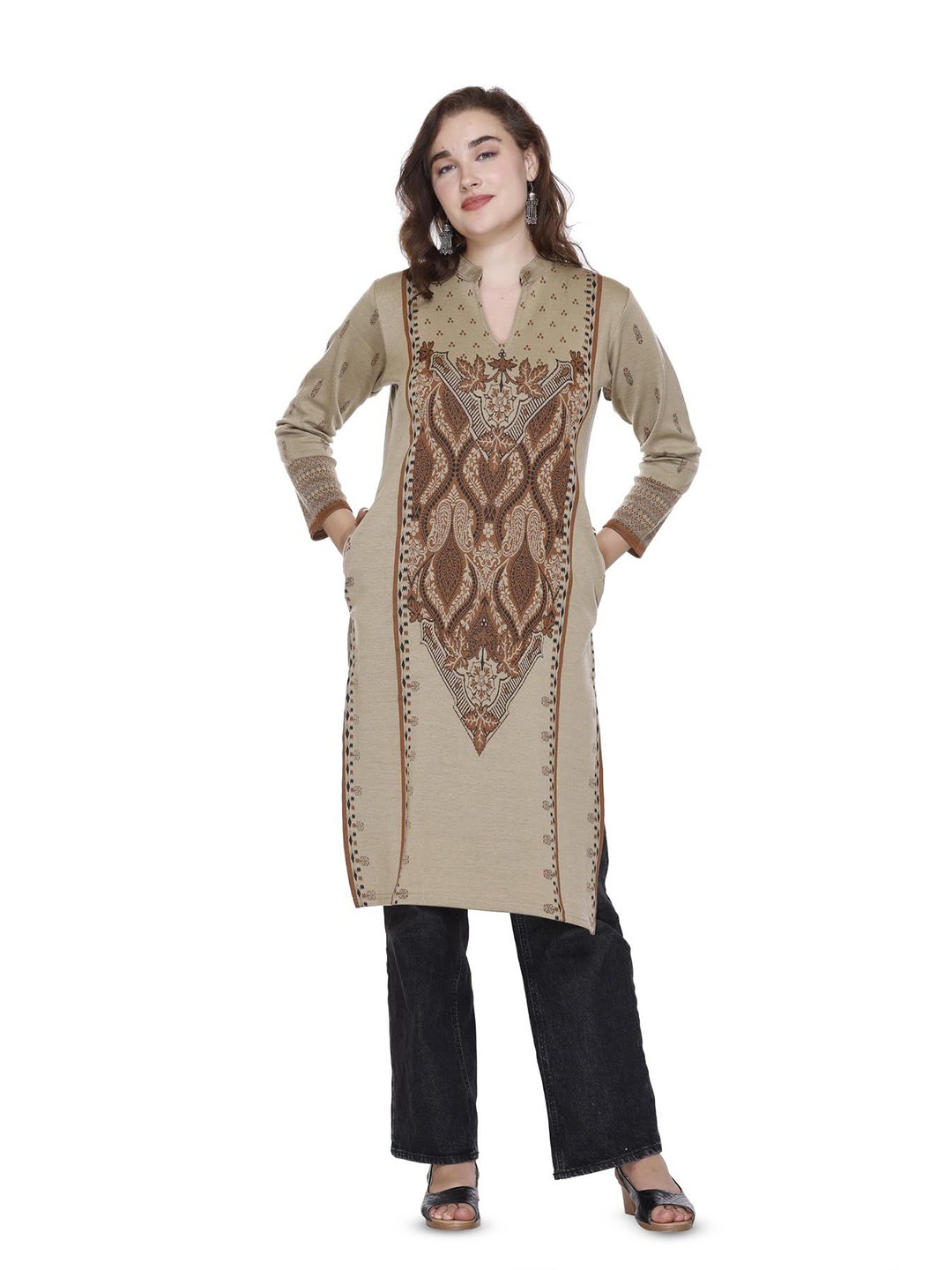 

ROSARY Ethnic Motifs Woven Design Mandarin Collar Wool Straight Kurtas, Beige