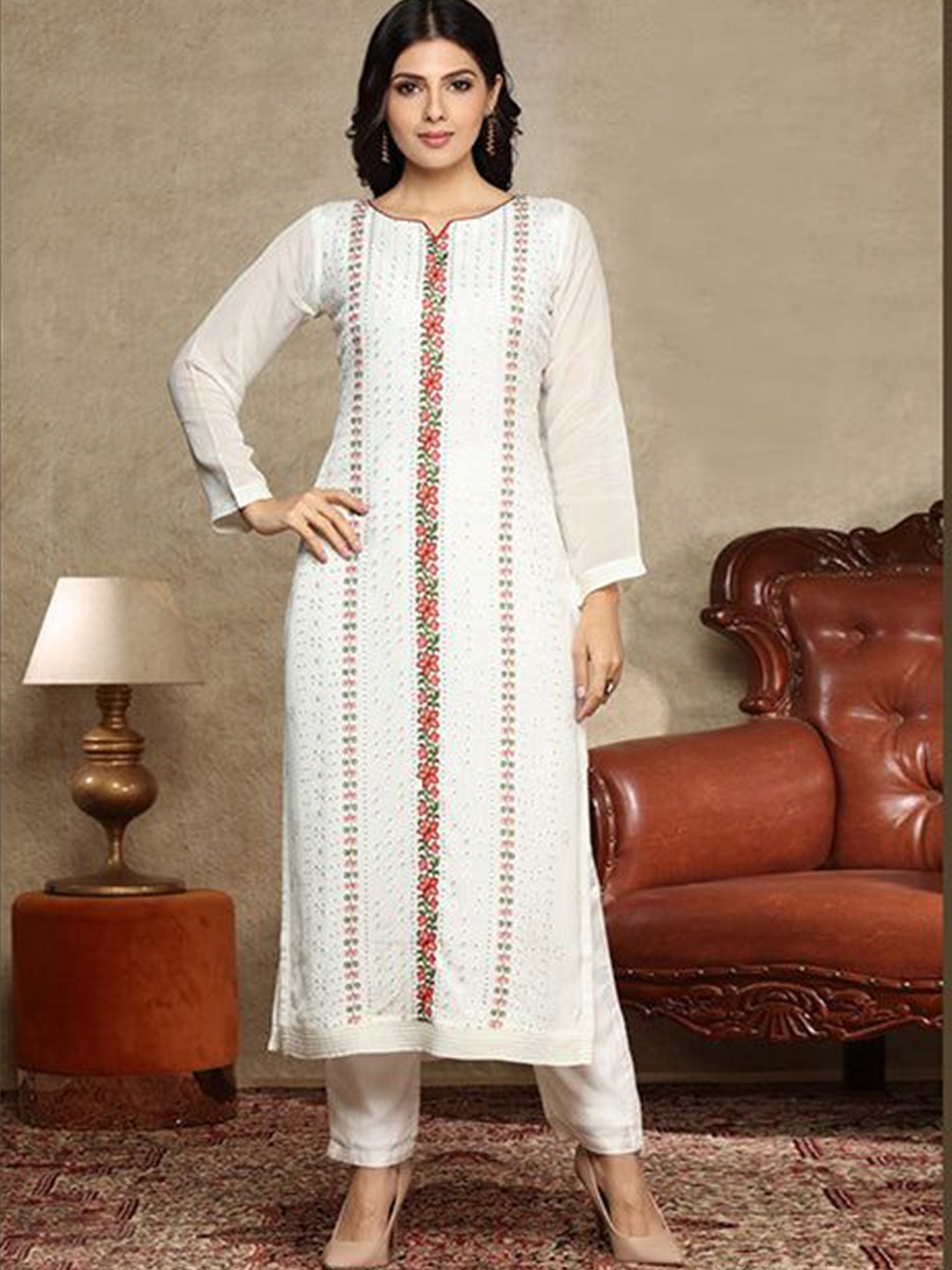 

FREYAA Floral Embroidered Cotton Straight Kurta, White