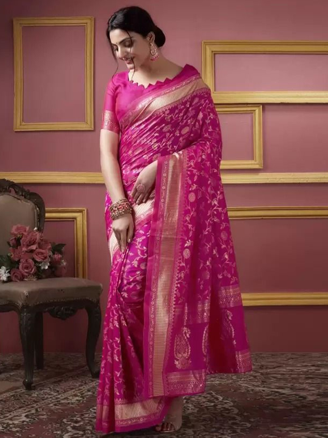 

KALINI Woven Design Zari Pure Silk Kanjeevaram Saree, Pink