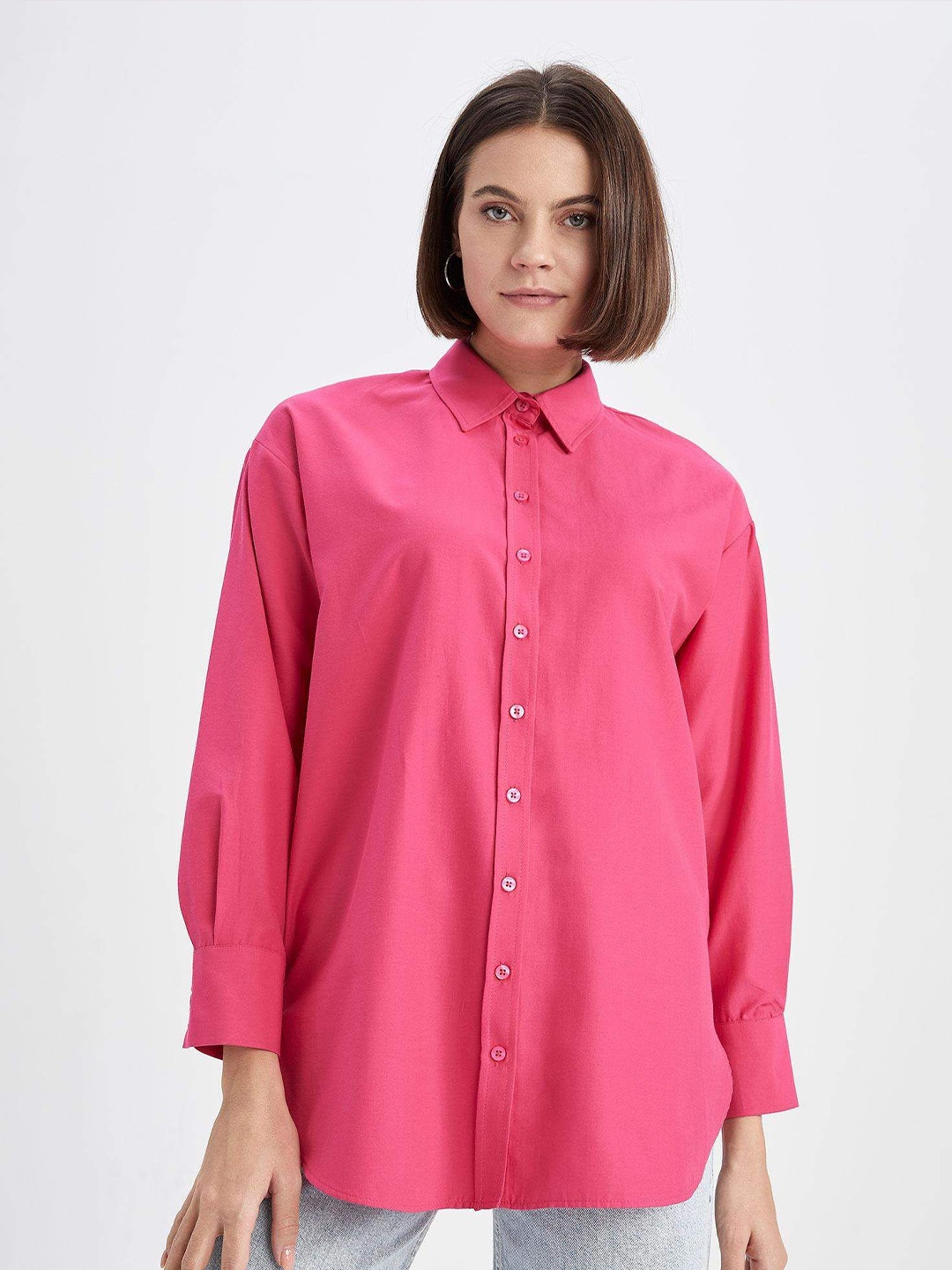 

NANCHI Women Comfort Oversized Fit Spread Collar Solid Cotton Casual Shirt, Pink