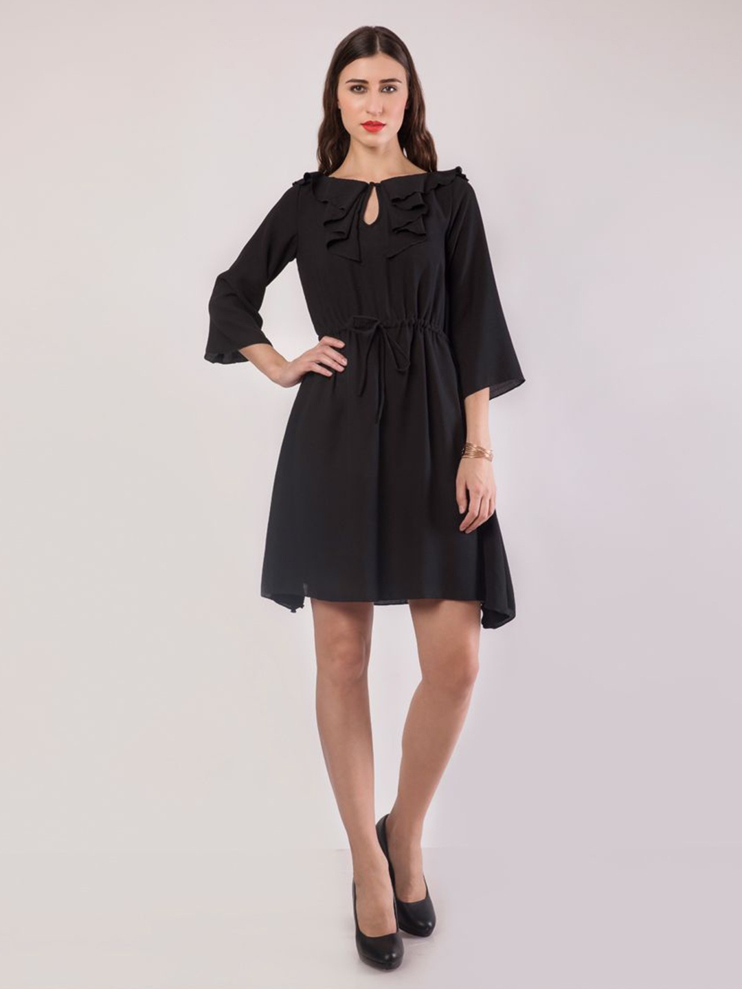 

DELIS Women Tie-Up Neck Georgette Fit & Flare Dress, Black