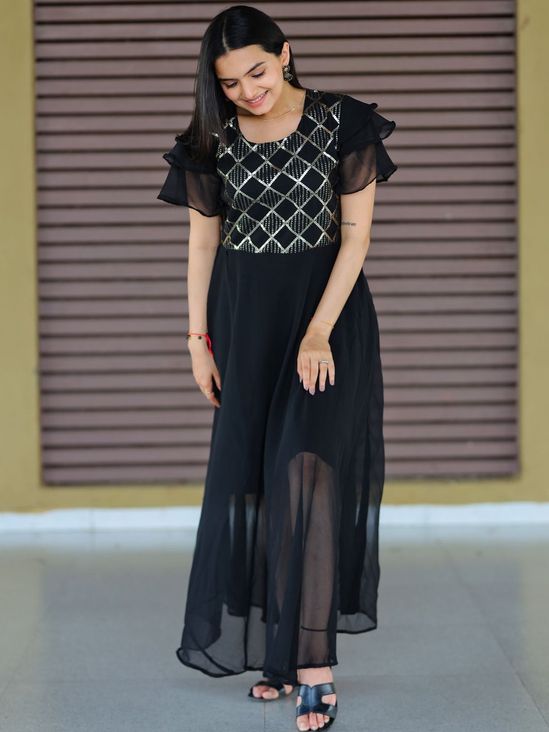 

Krimmple Sequined Georgette Maxi Ethnic Dress, Black
