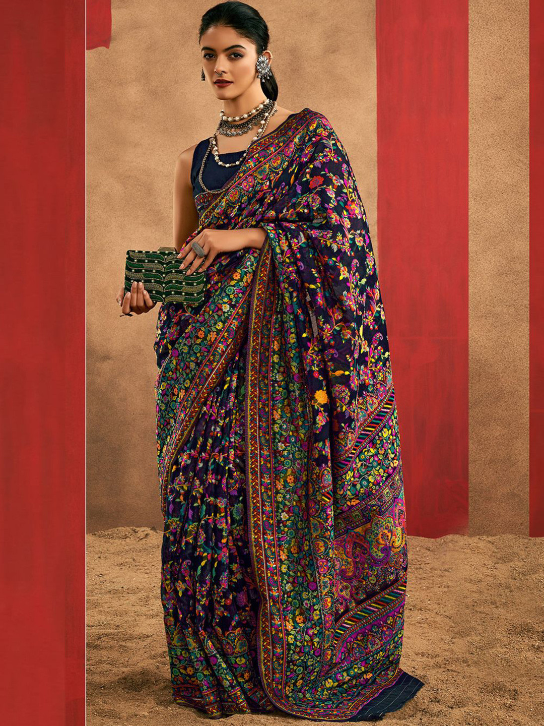 

Mitera Woven Design Zari Silk Cotton Saree, Navy blue