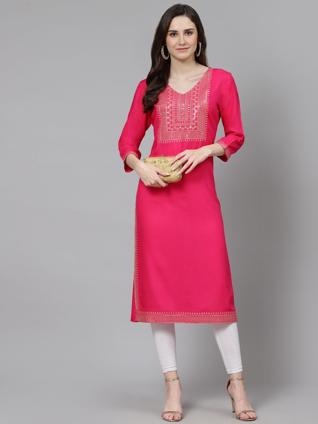 

His&Her Embroidered Round Neck A-Line Kurta, Pink