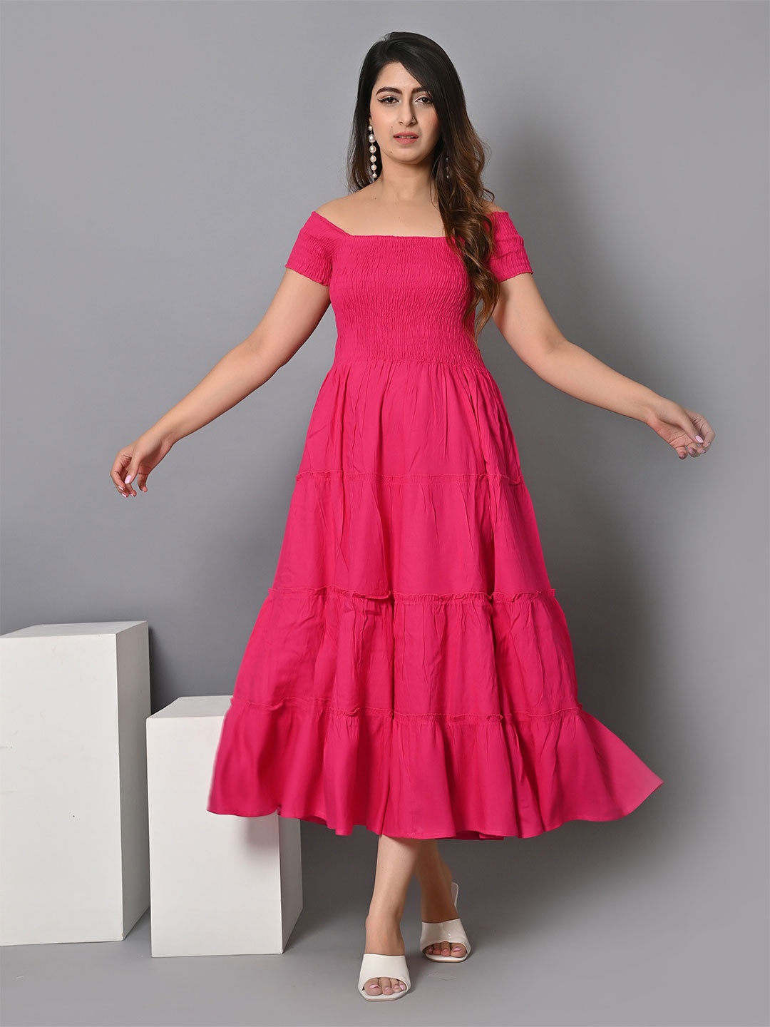 

VYMO Off-Shoulder Tiered Fit & Flare Smocked Midi Dress, Pink