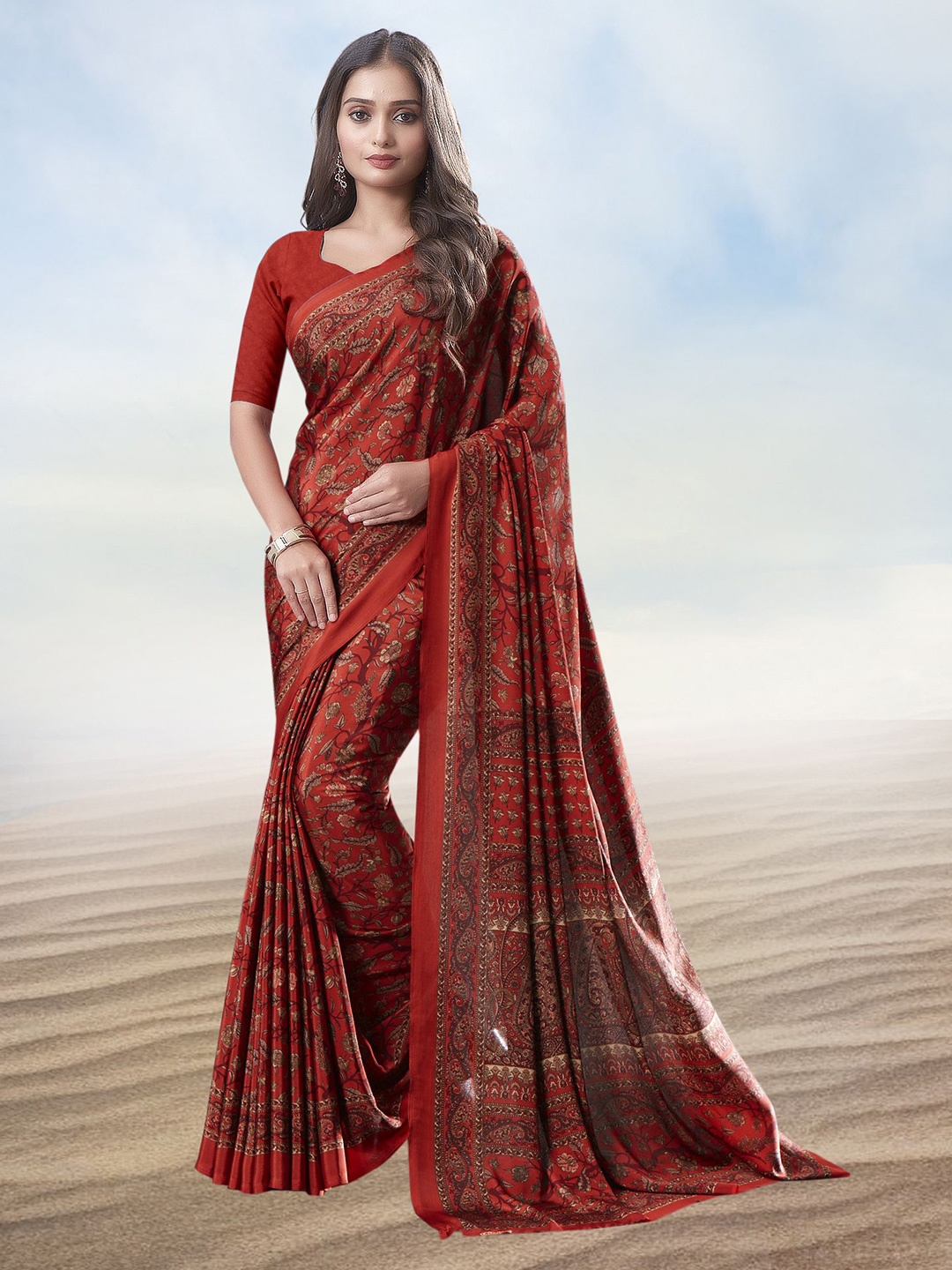 

Kasak Floral Printed Pure Crepe Saree, Orange