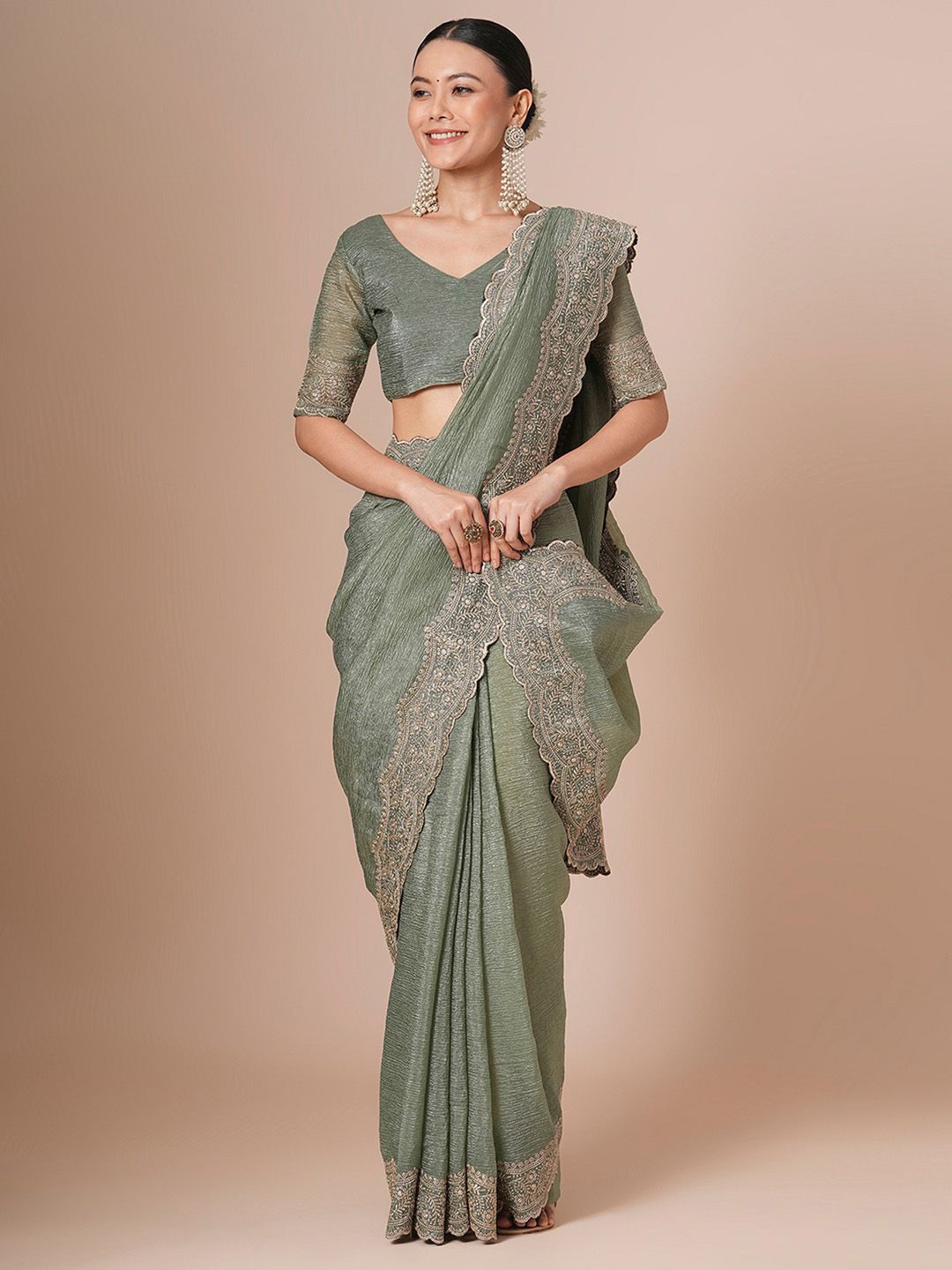 

House of Pataudi Women Embroidered Saree With Blouse Piece, Green