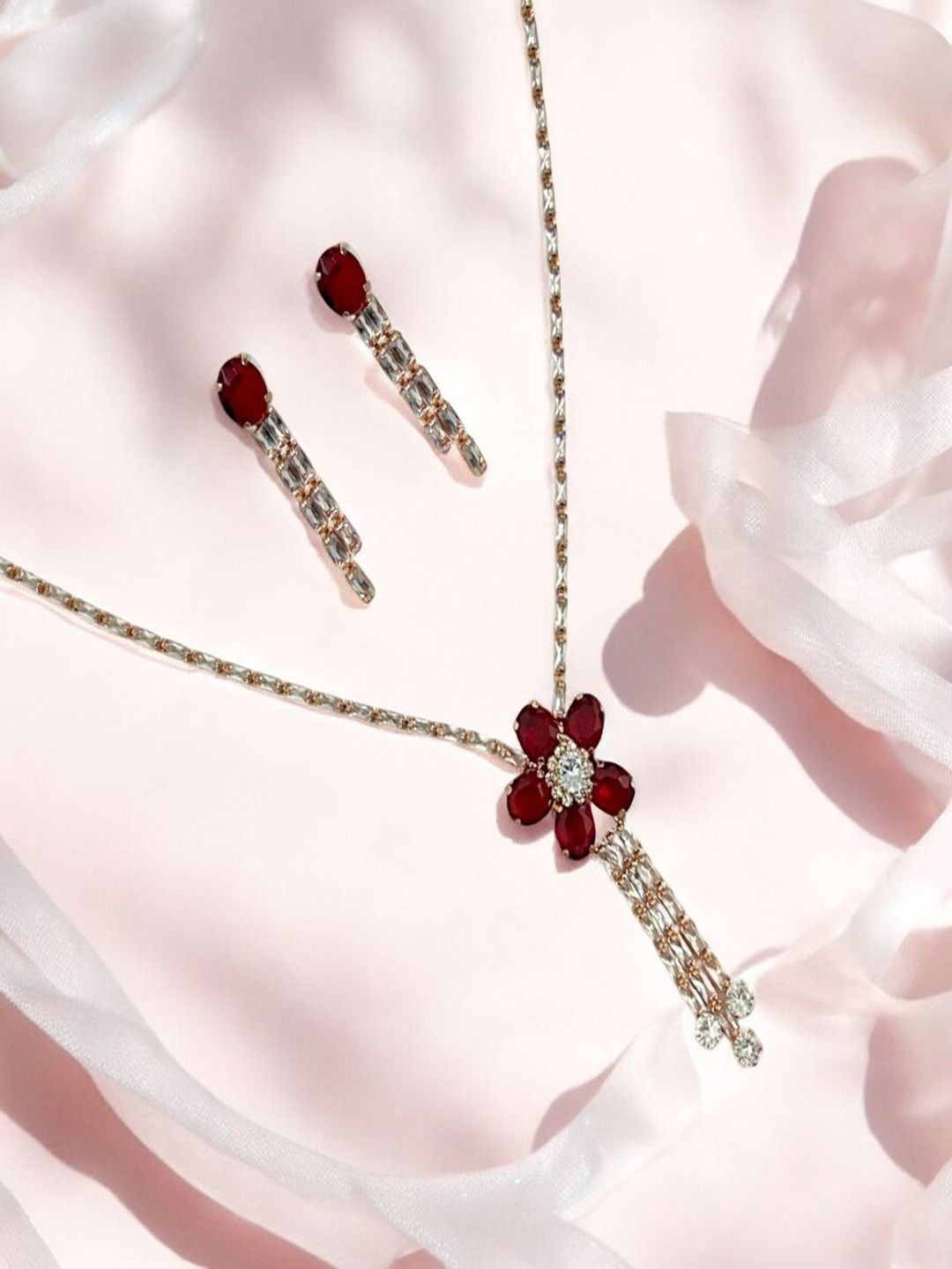 

AccessHer Brass-Plated American Diamond Studded Necklace and Earrings, Silver