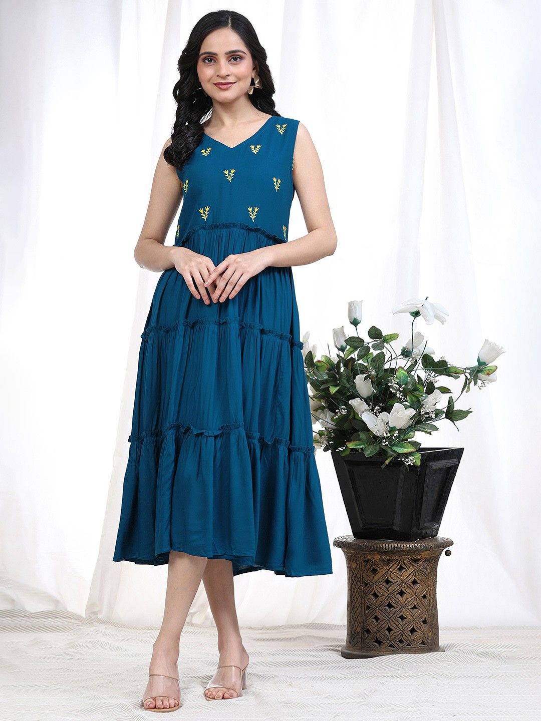 

Handish Women Floral Embroidered A-Line Dress, Blue