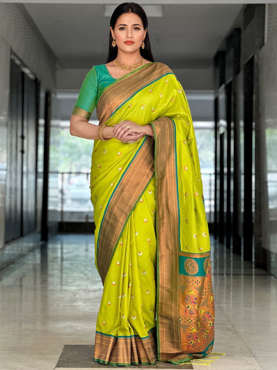 

Mitera Woven Design Zari Paithani Saree, Green