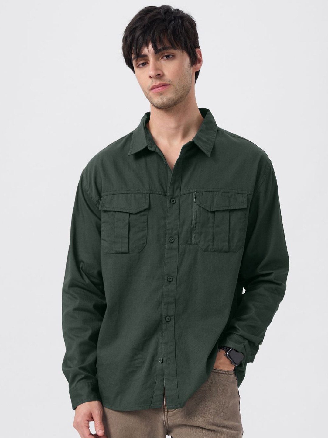 

The Souled Store Men Oversized Fit Spread Collar Solid Cotton Casual Shirt, Green