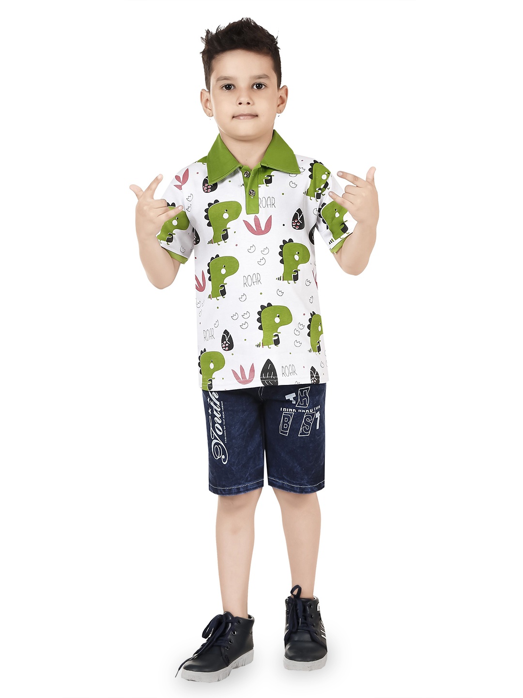 

LUCII Boys Printed Shirt Collar T-Shirt With Shorts, Green
