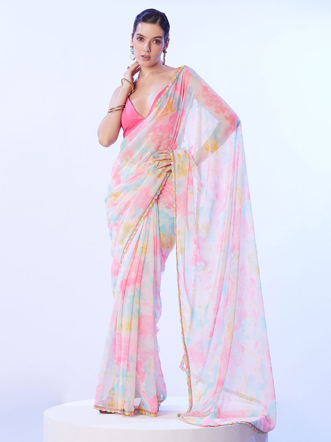 

Mitera Tie and Dye Sequinned Pure Georgette Saree, Blue