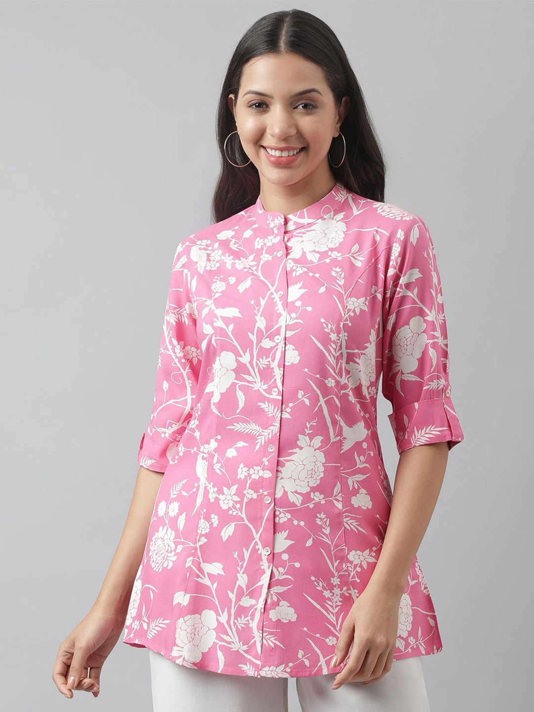 

BAESD Floral Print Mandarin Collar Roll-Up Sleeves Shirt Style Top, Pink