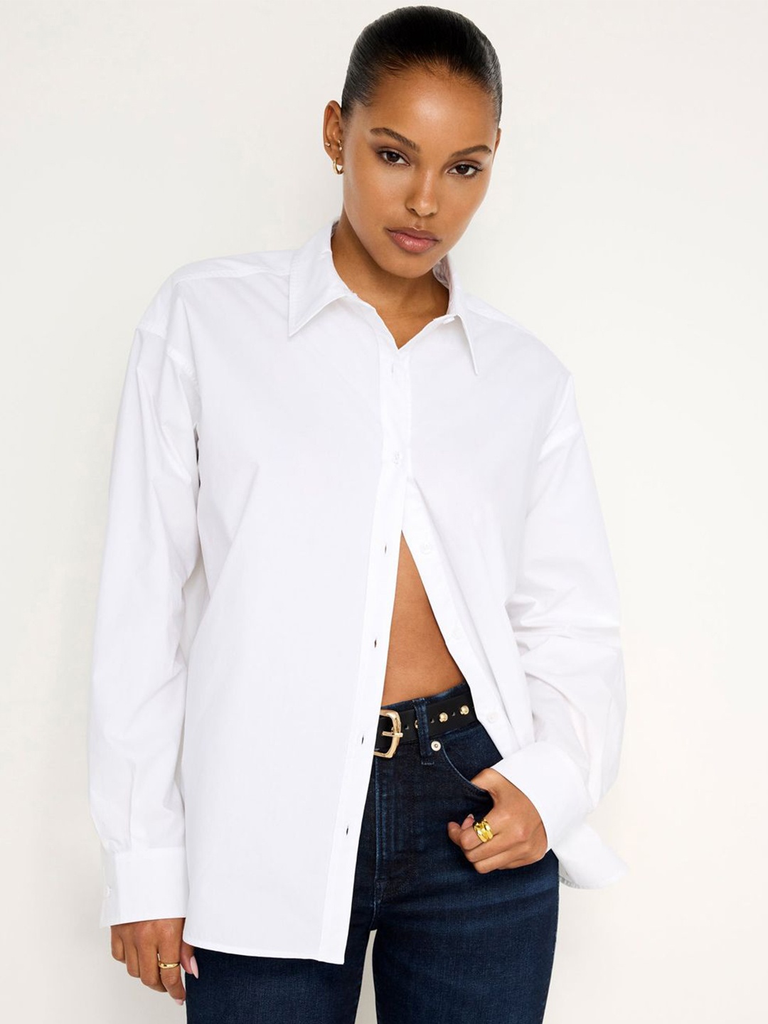 BAESD Women Oversized Fit Spread Collar Solid Cotton Casual Shirt, White