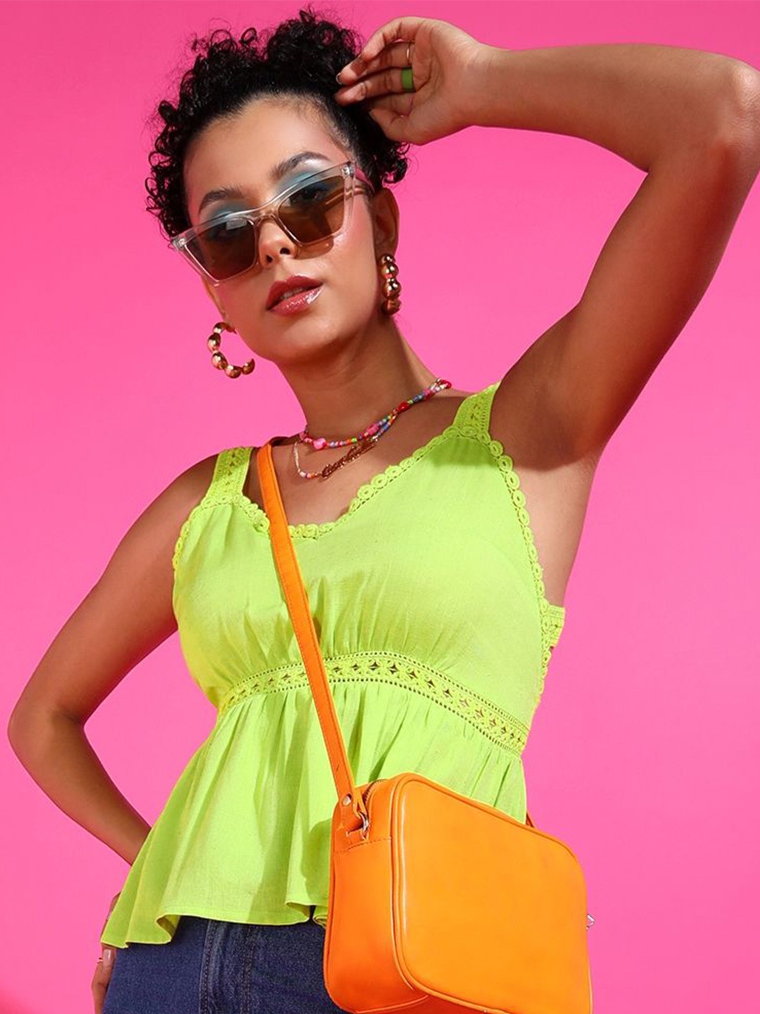 

DressBerry Lace Inserts Peplum Top, Lime green