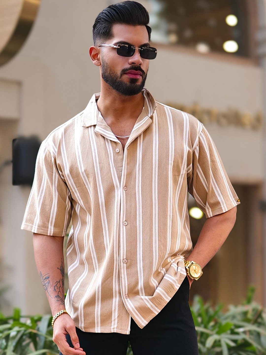 

Maniac Men Comfort Oversized Fit Cuban Collar Vertical Striped Cotton Casual Shirt, Beige