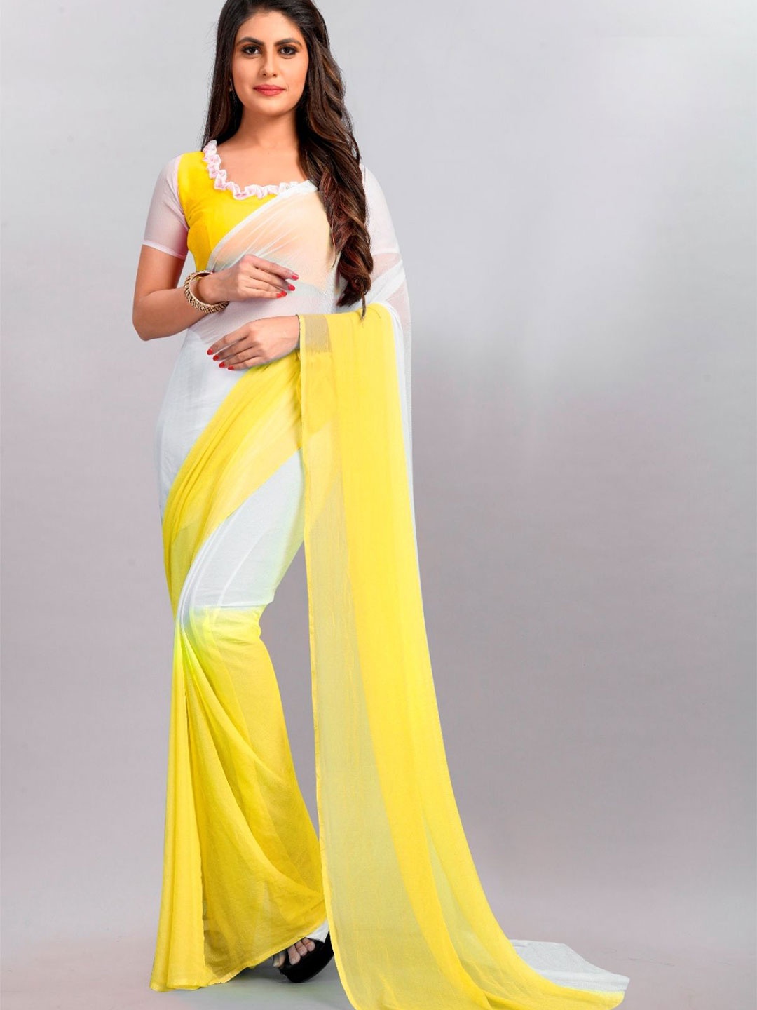 

A TO Z CART Colourblocked Pure Chiffon Half and Half Saree, Yellow