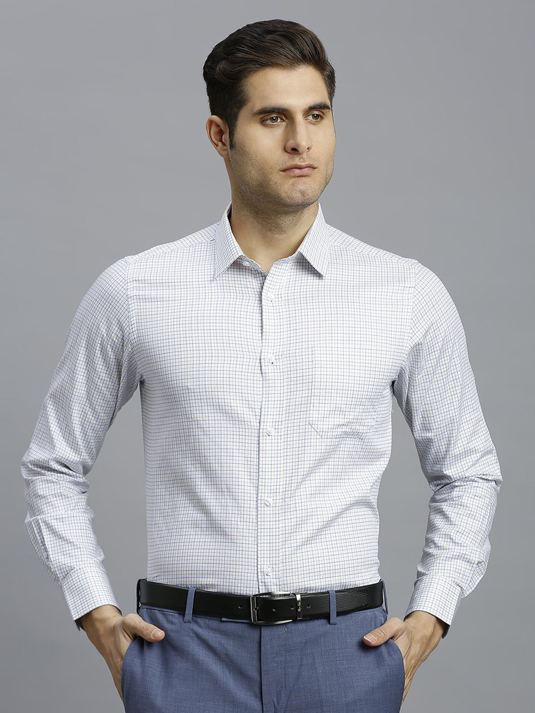

Reid & Taylor Men India Slim Fit Spread Collar Micro Checked Cotton Formal Shirt, White