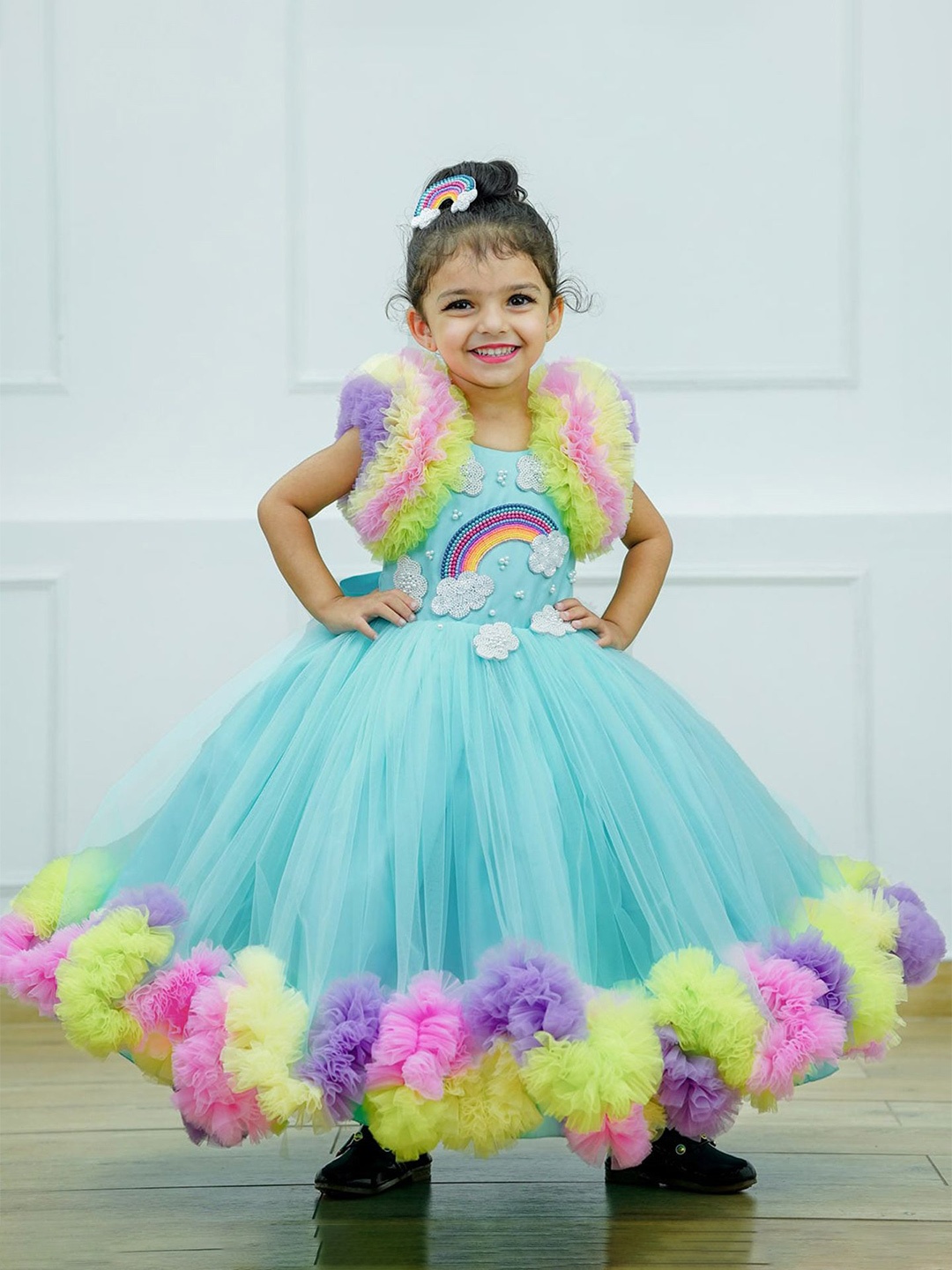 

Li & Li Boutique Girls Embellished Ruffles Fit and Flare Maxi Dress, Turquoise blue