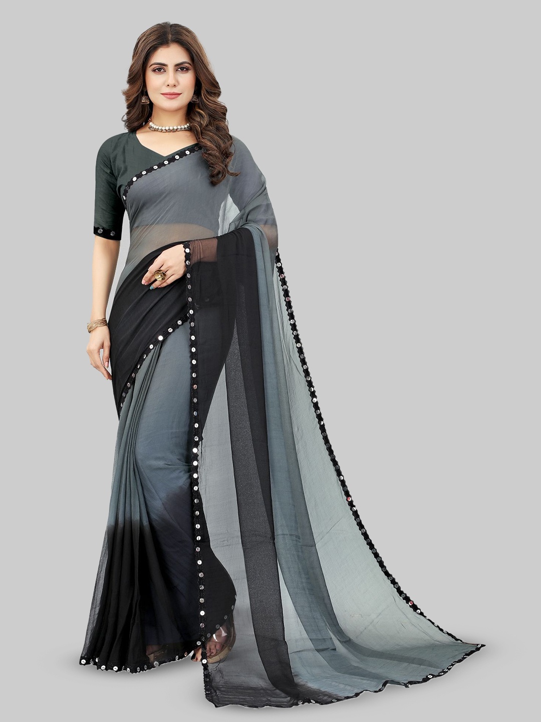 

A TO Z CART Women Colourblocked Mirror Work Pure Chiffon Saree, Black