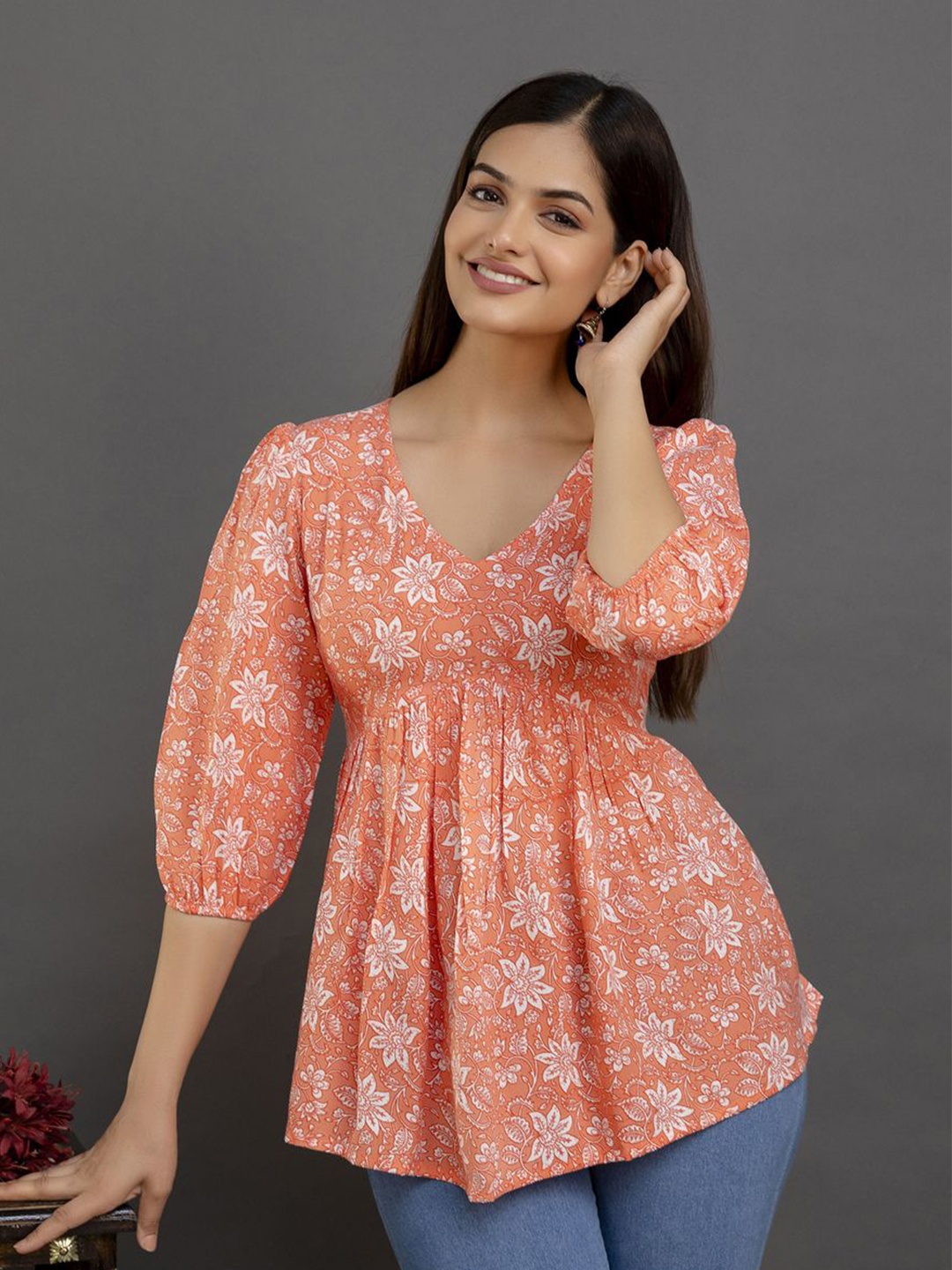 

MERAAKI FASHION Women Floral Printed Cotton A-Line Top, Orange