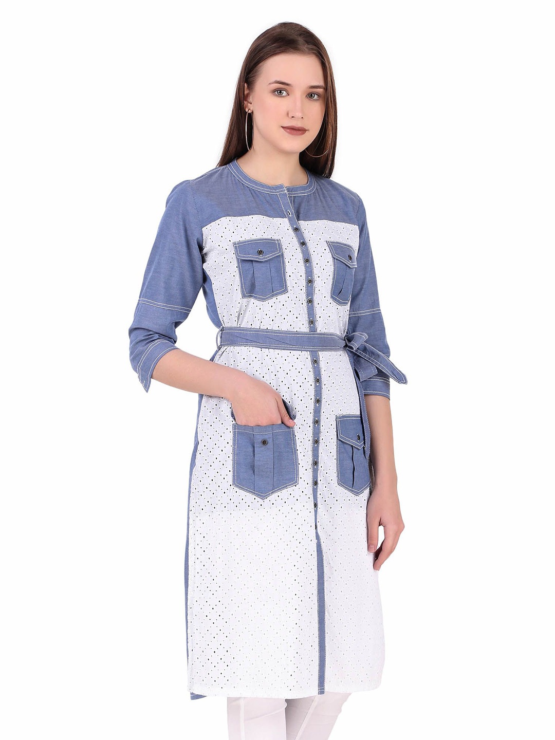 

Pose india Schiffli Denim Cotton Kurta, Blue