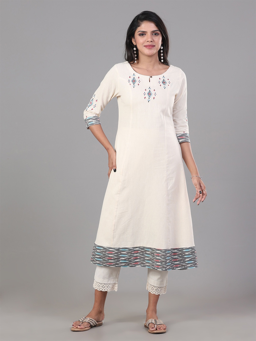 

Vismay Embroidery Round Neck Kurta, Beige