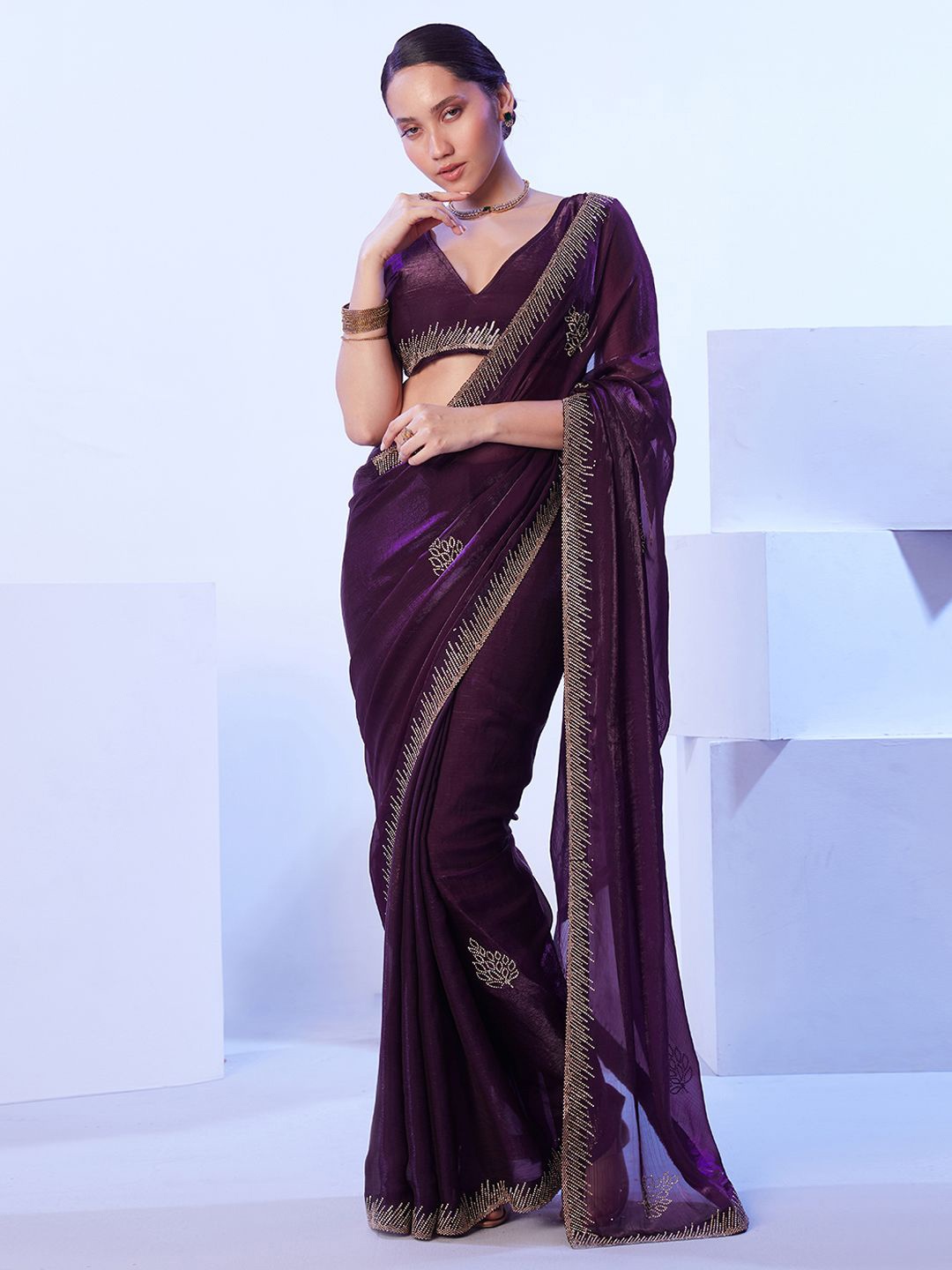 

Mitera Beads and Stones Organza Saree, Purple