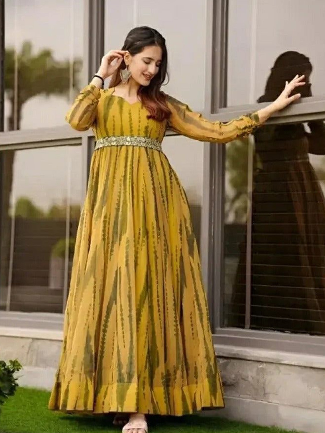 

Handish Tie and Dye Print Georgette Fit & Flare Maxi Dress, Yellow