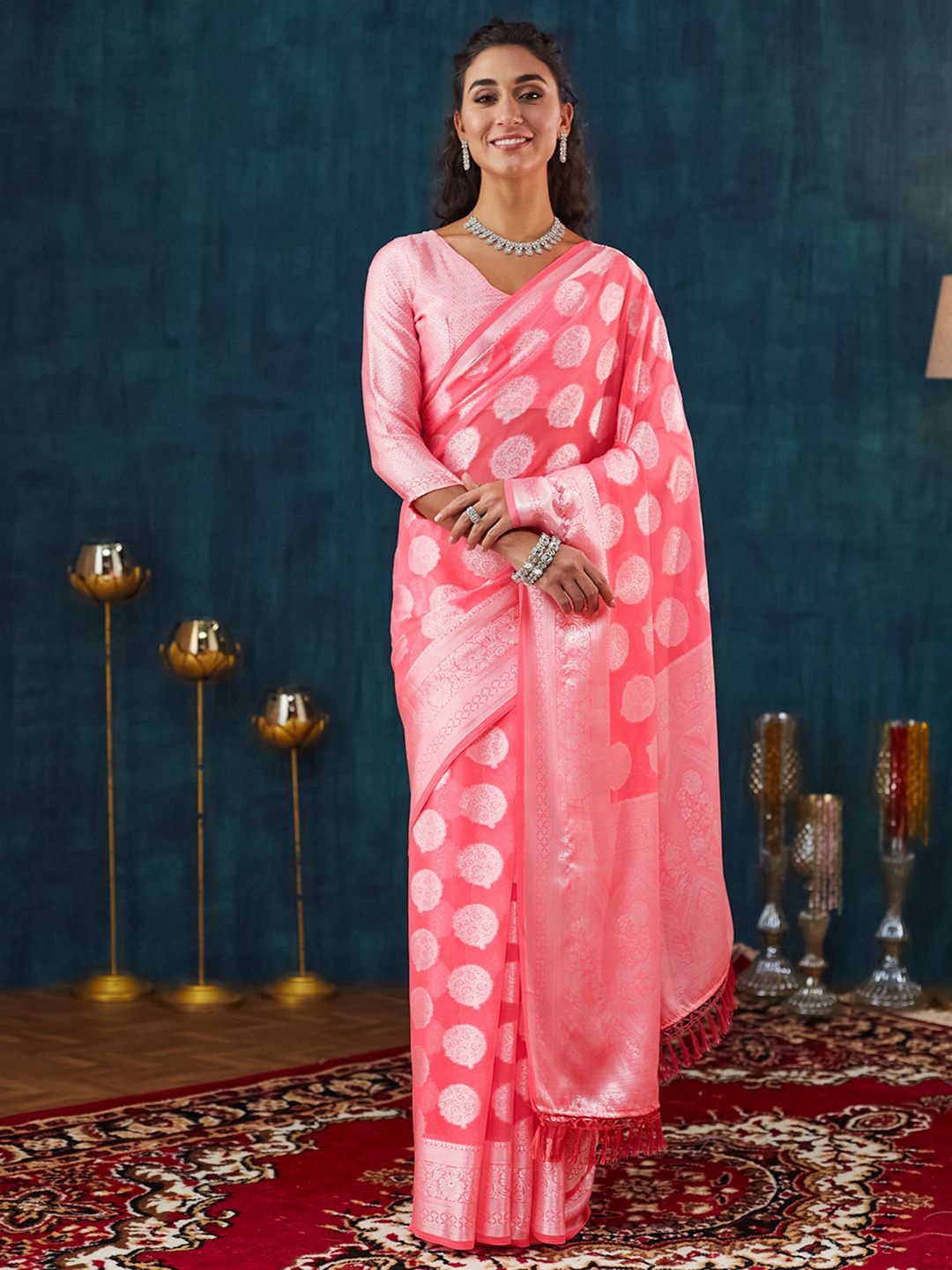 

Satrani Woven Design Embroidered Pure Georgette Saree, Pink