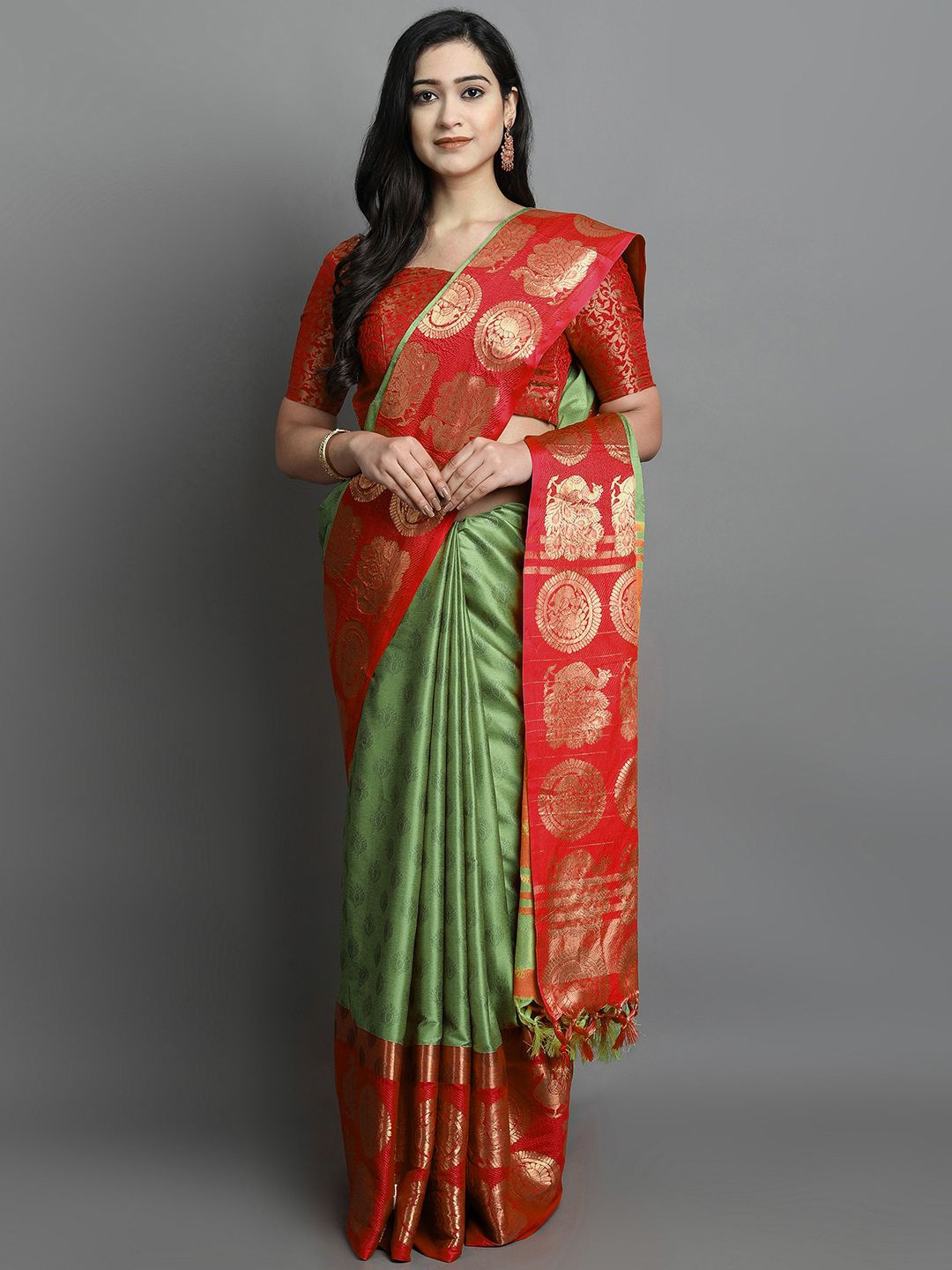 

yourwish Embellished Zari Gadwal Saree, Olive