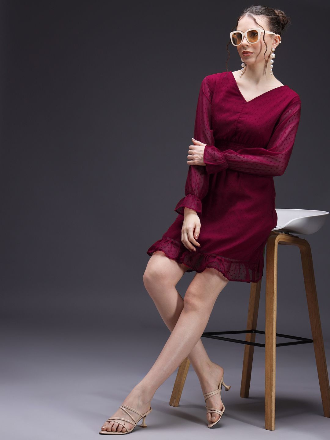 

emeros Bishop Sleeve Georgette Formal A-Line Dress, Burgundy