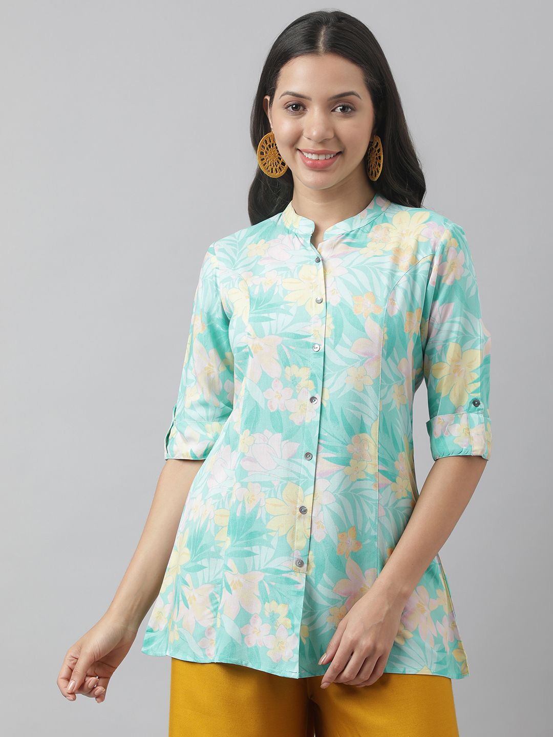 

BAESD Women Floral Printed Mandarin Collar Roll-Up Sleeves Longline Shirt Style Top, Sea green