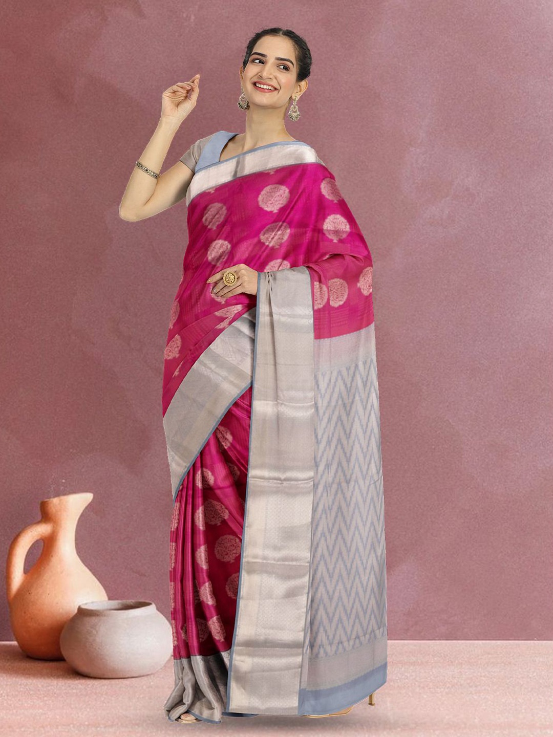 

Avishya Woven Design Zari Silk Blend Kanjeevaram Saree, Pink