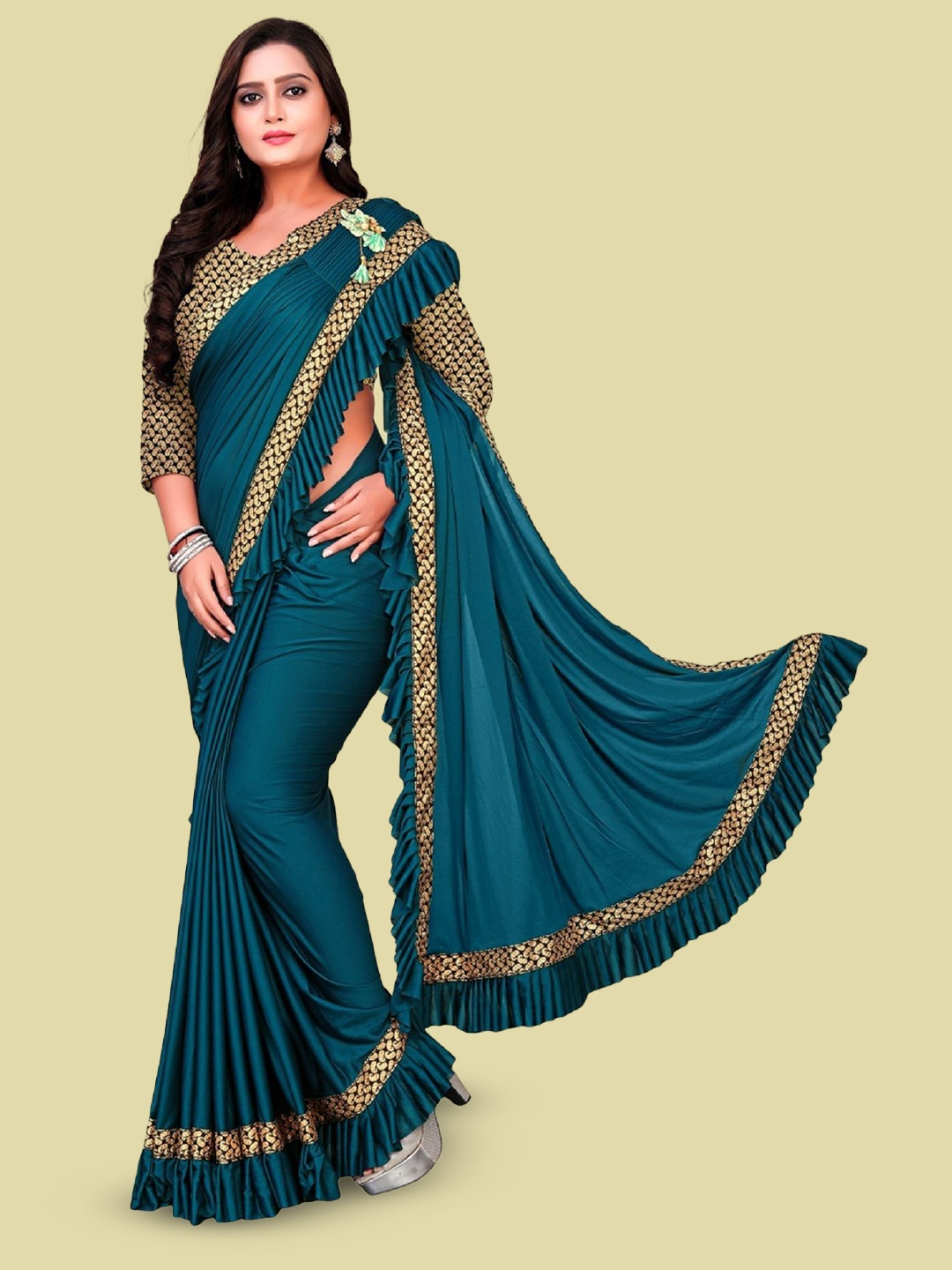 

A TO Z CART Ruffles Ready to Wear Saree, Turquoise blue