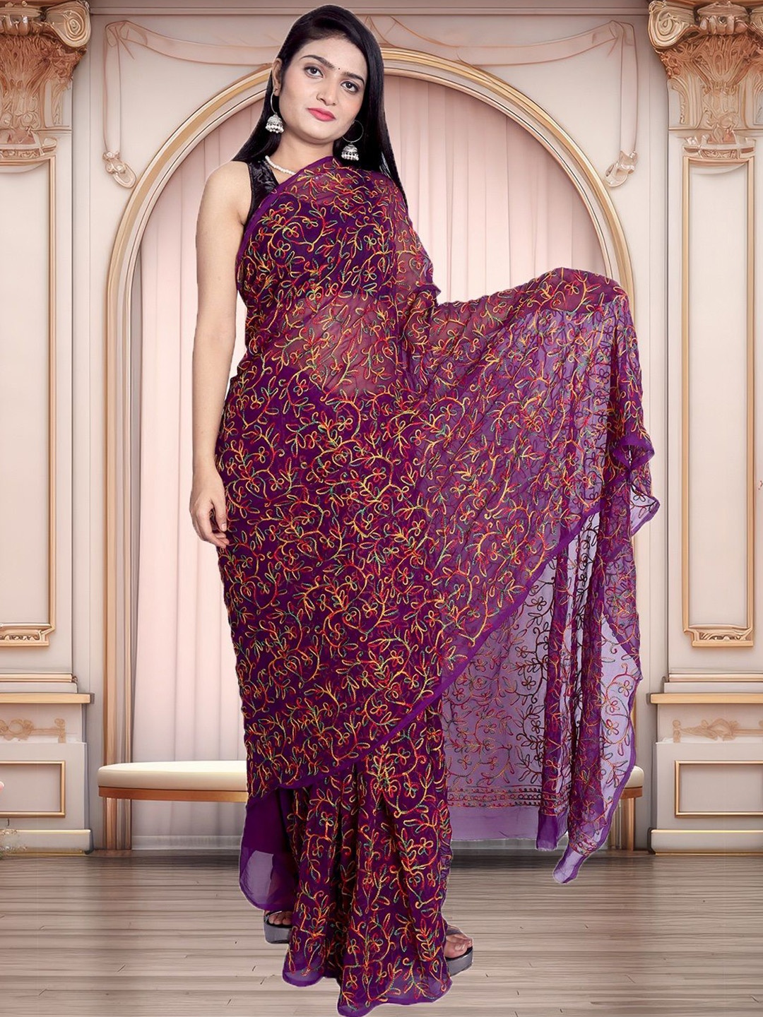 

ADR CHIKAN Ethnic Motifs Chikankari Pure Georgette Saree, Purple