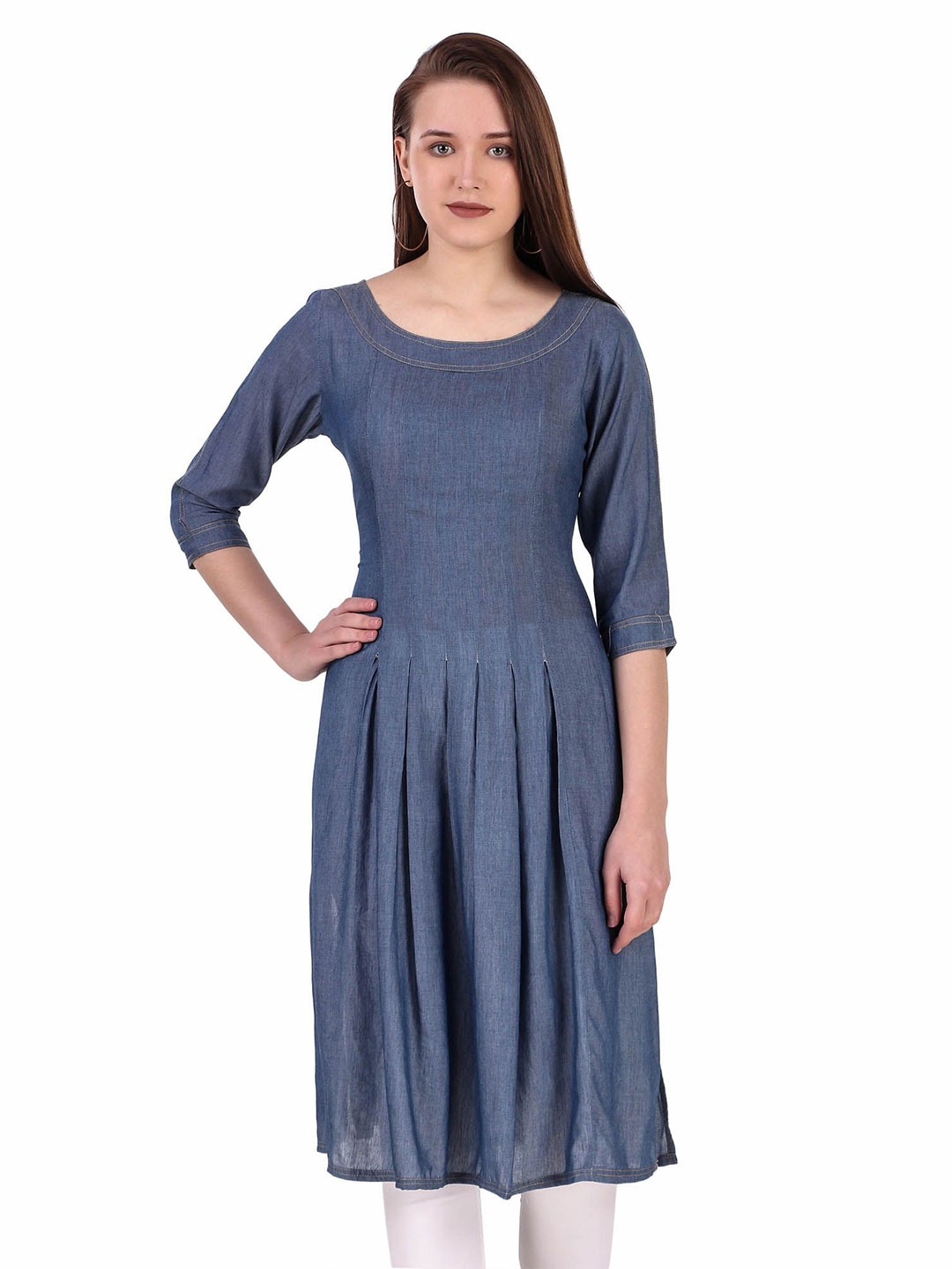 

Pose india Pure Cotton Denim Pleated Anarkali Kurti, Blue
