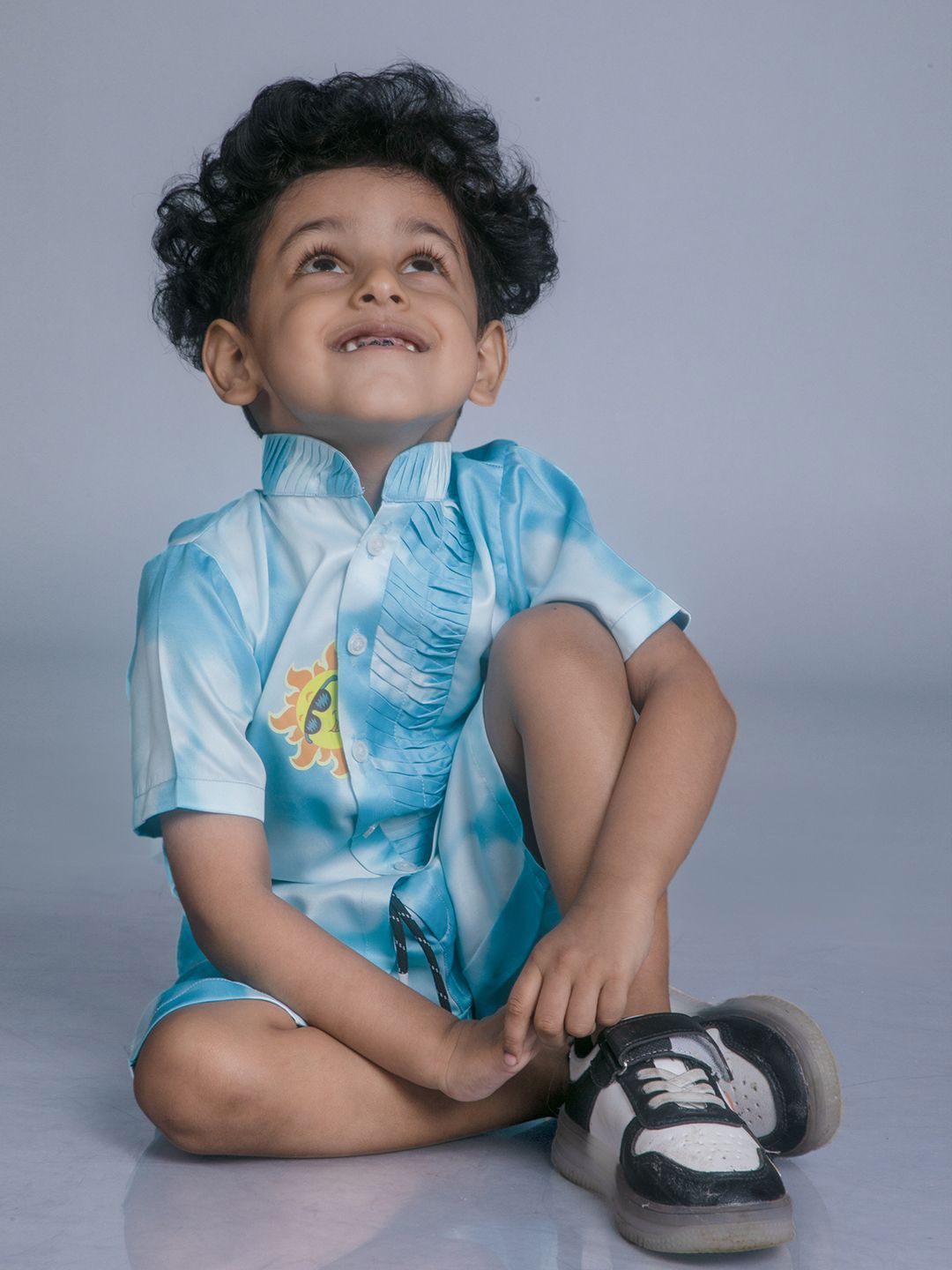 

BAYA COUTURE Boys Dyed Pure Cotton Party Shirt with Shorts, Blue