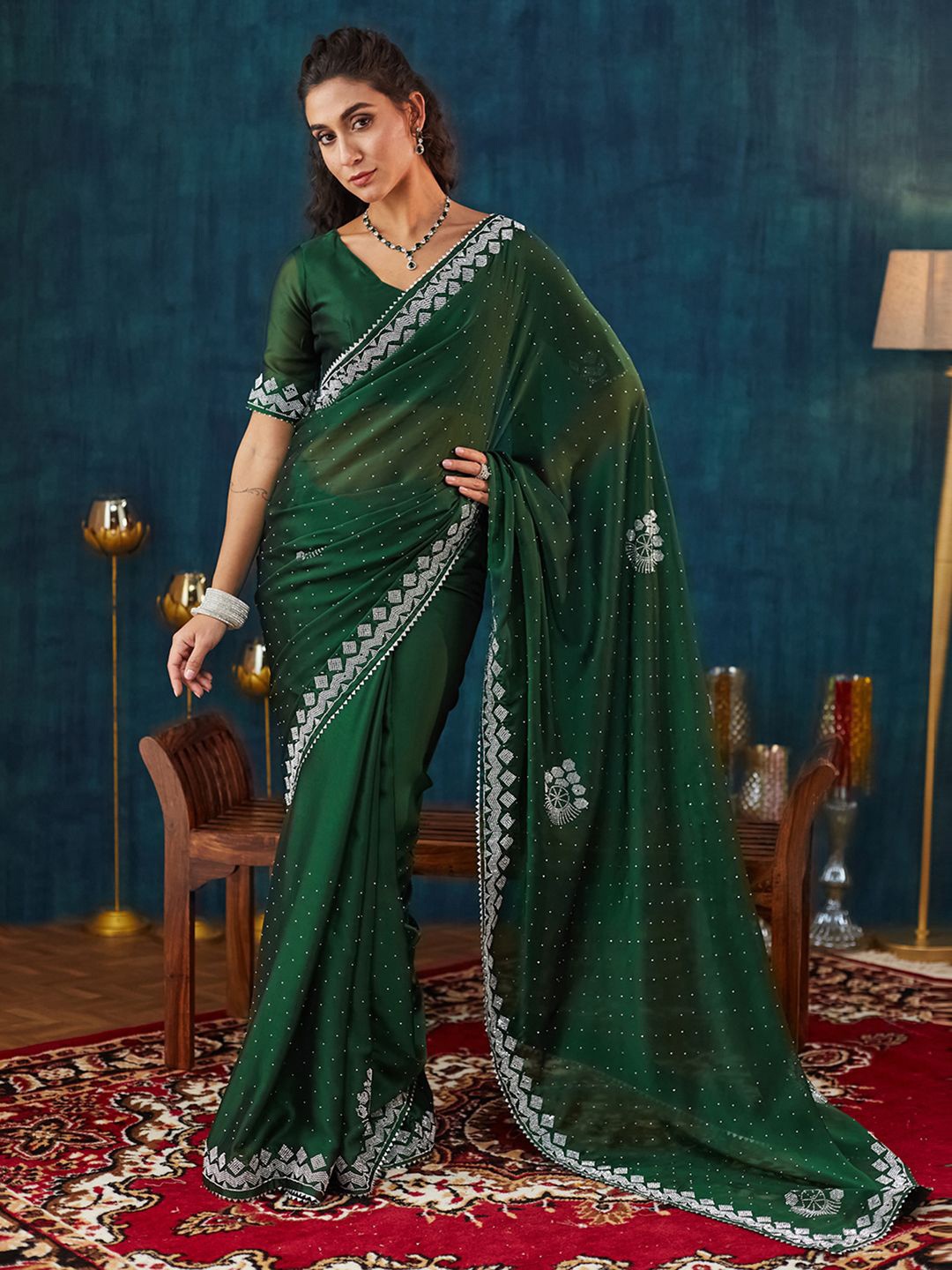 

Satrani Embellished Beads and Stones Pure Georgette Saree, Green