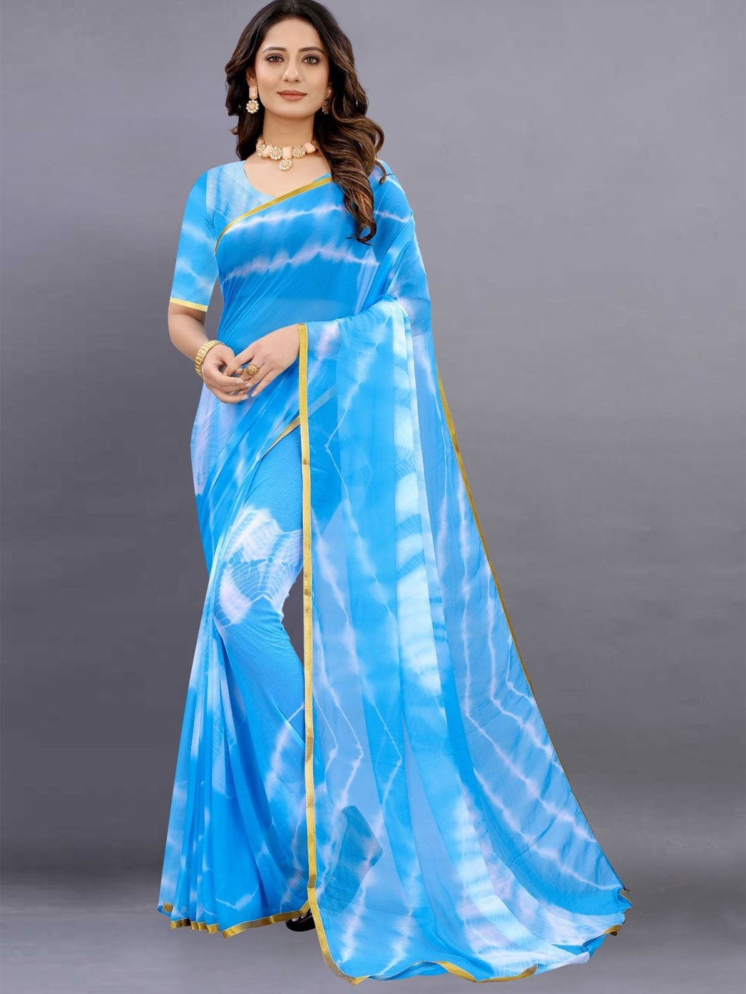 

A TO Z CART Tie and Dye Pure Chiffon Saree, Turquoise blue