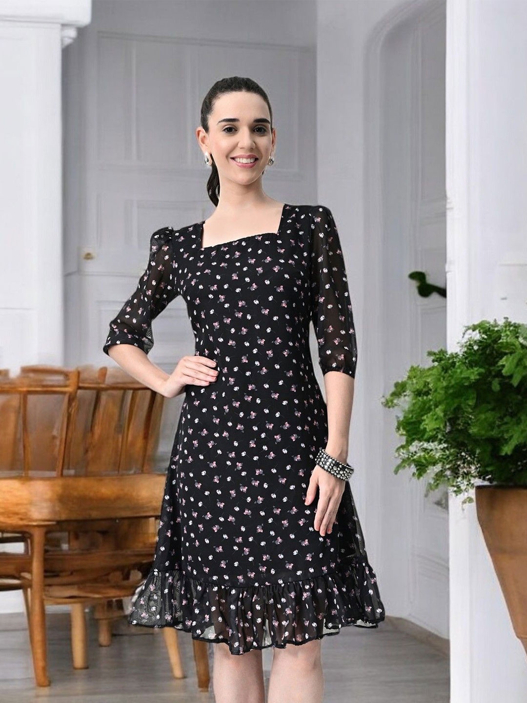 

BAESD Polka Dot Puff Sleeve Georgette Fit & Flare Dress, Black