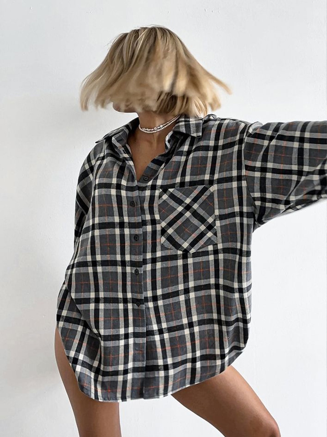 

LULU & SKY Checked Roll-Up Sleeves Shirt Style Top, Grey