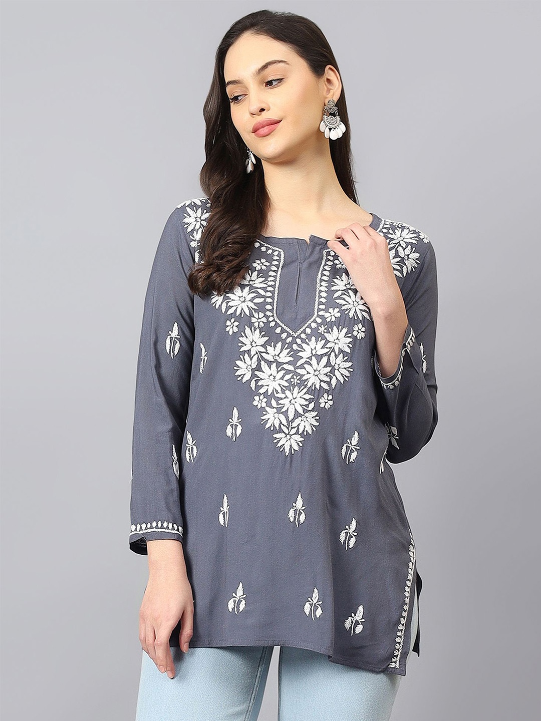 

NAZAQAT ETHNIC INDIA Ethnic Motifs Embroidered Chikankari Handloom Chikankari Kurti, Grey